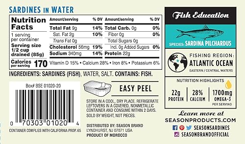 Vista 17 de Season Sardinas en aceite de oliva virgen extra, capturadas en la naturaleza, ligeramente ahumadas, 0.81 onzas de proteína, bocadillos Keto, más