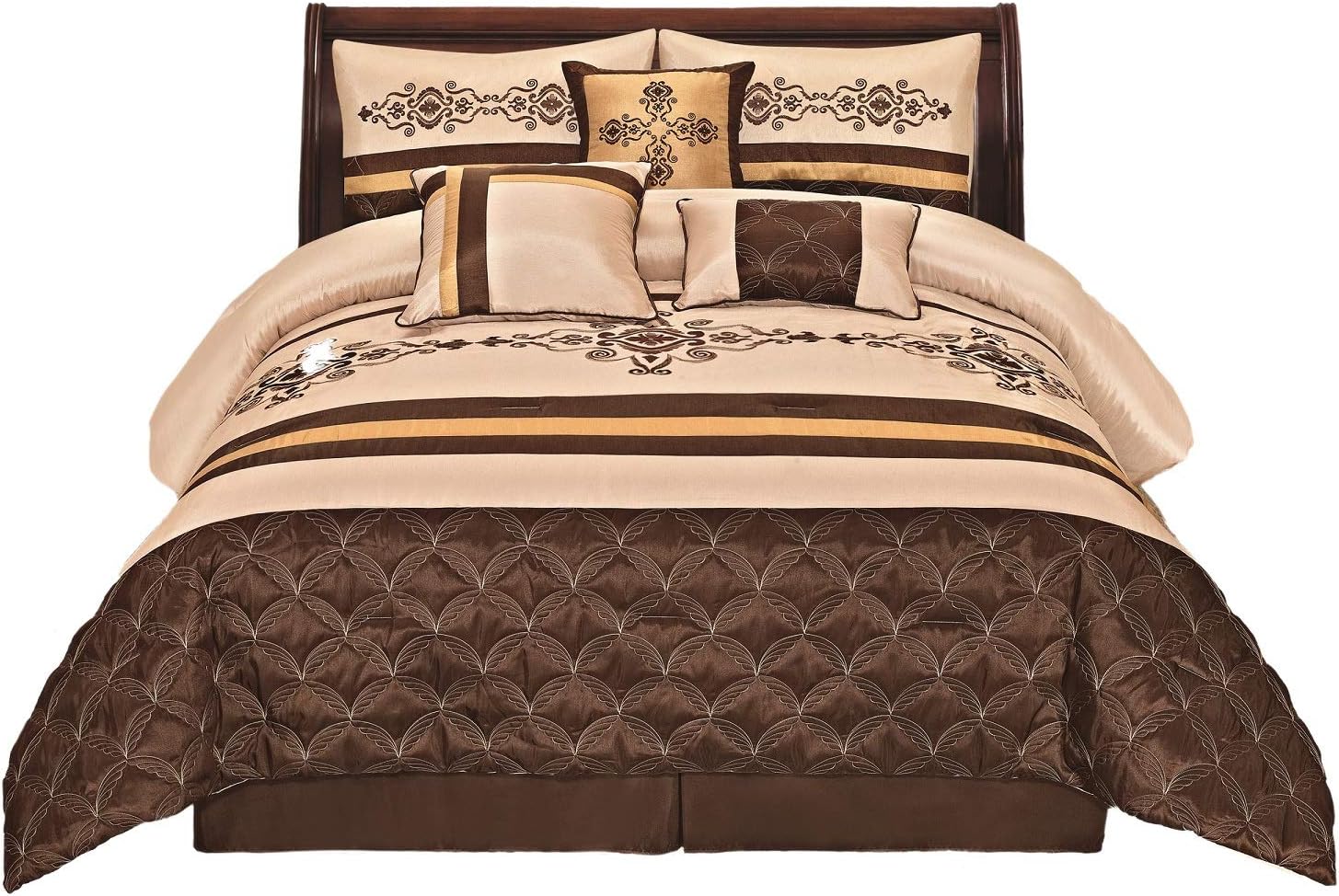 50% Off Discount Jenin 7 Pieces Complete Bedding Ensemble Beige Brown Gold Luxury Embroidery Comforter Set Bed-in-a-Bag Bedding- Yasmen (Queen)