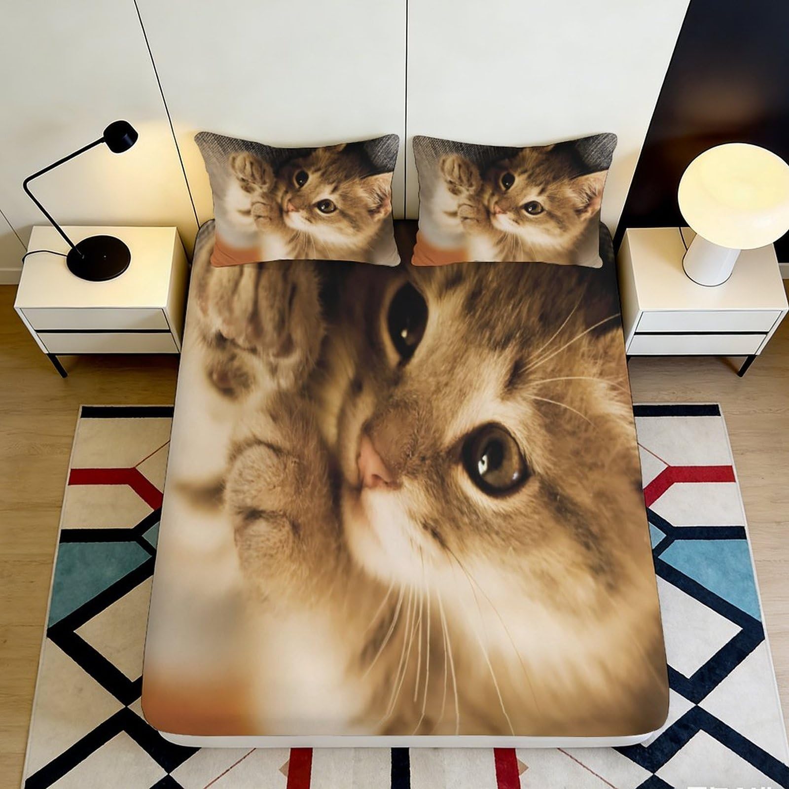 3D Printed Cute Kitten Fitted Sheet Microfiber Soft Anti-Slip Cat Paw Mattress Cover Bedroom Decor Washable 200x200x25cm