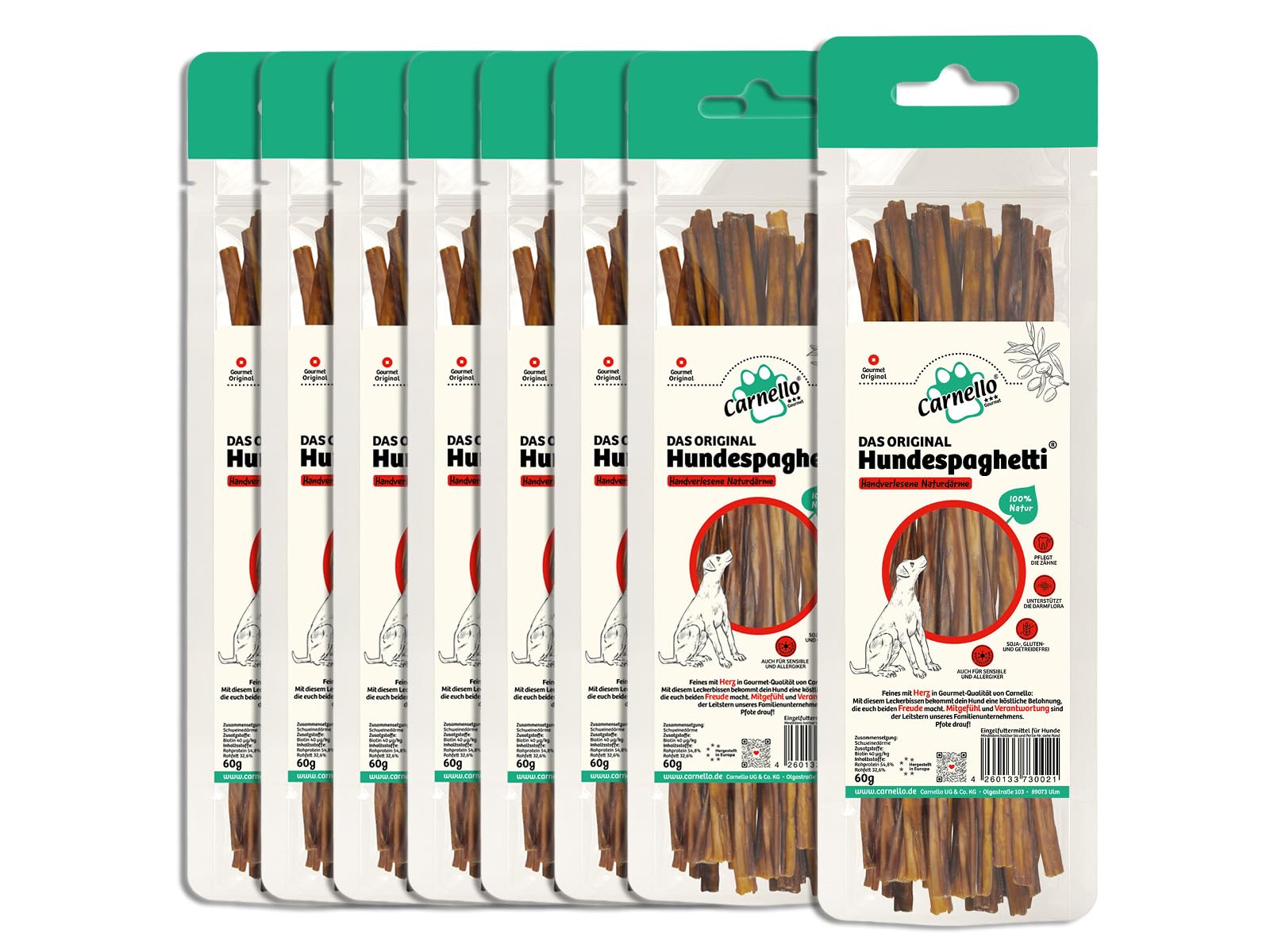 Carnello Hundespaghetti – Hundeleckerli, Leckerlis für Hunde, Hundesnacks getreidefrei – Wiederverschließbarer Beutel (8 x 60g)