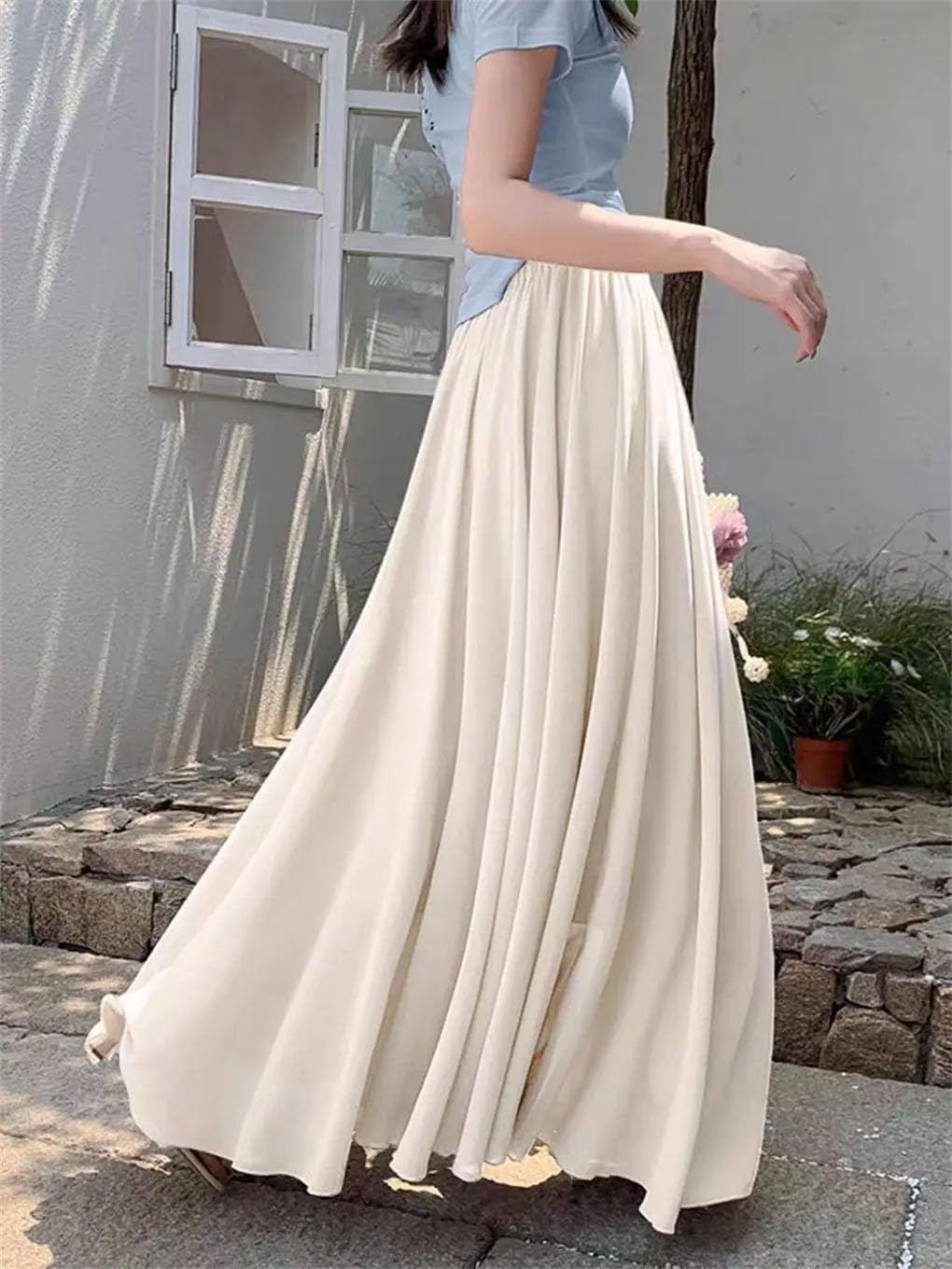 Jupe longue en mousseline de soie pour femme - Taille haute - Ourlet fluide avec drapé et silhouette large