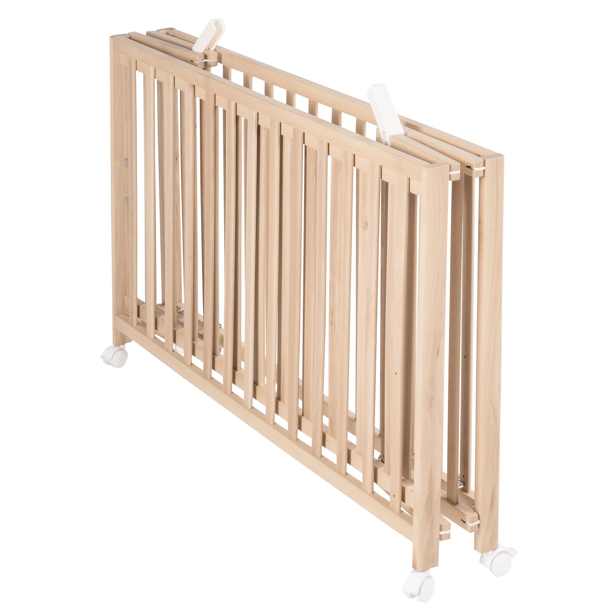 roba Lettino Pieghevole Fold Up 60 x 120 cm - per Neonati e Bambini - Regolabile in 3 Altezze Diverse - Ruote con Freni - Capacità Max 40 kg - Faggio Biologico Naturale