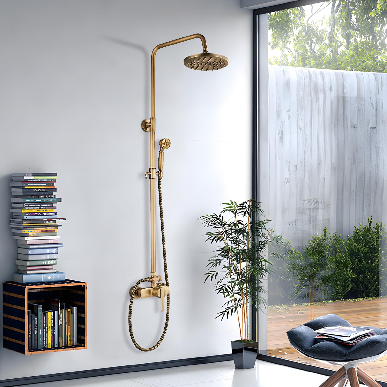 Rozin Antik Messing Duschsystem mit 8 Zoll Regendusche Duschkopf und Handbrause Einzelgriff Fertig an der Wand Montiert Retro Duschset