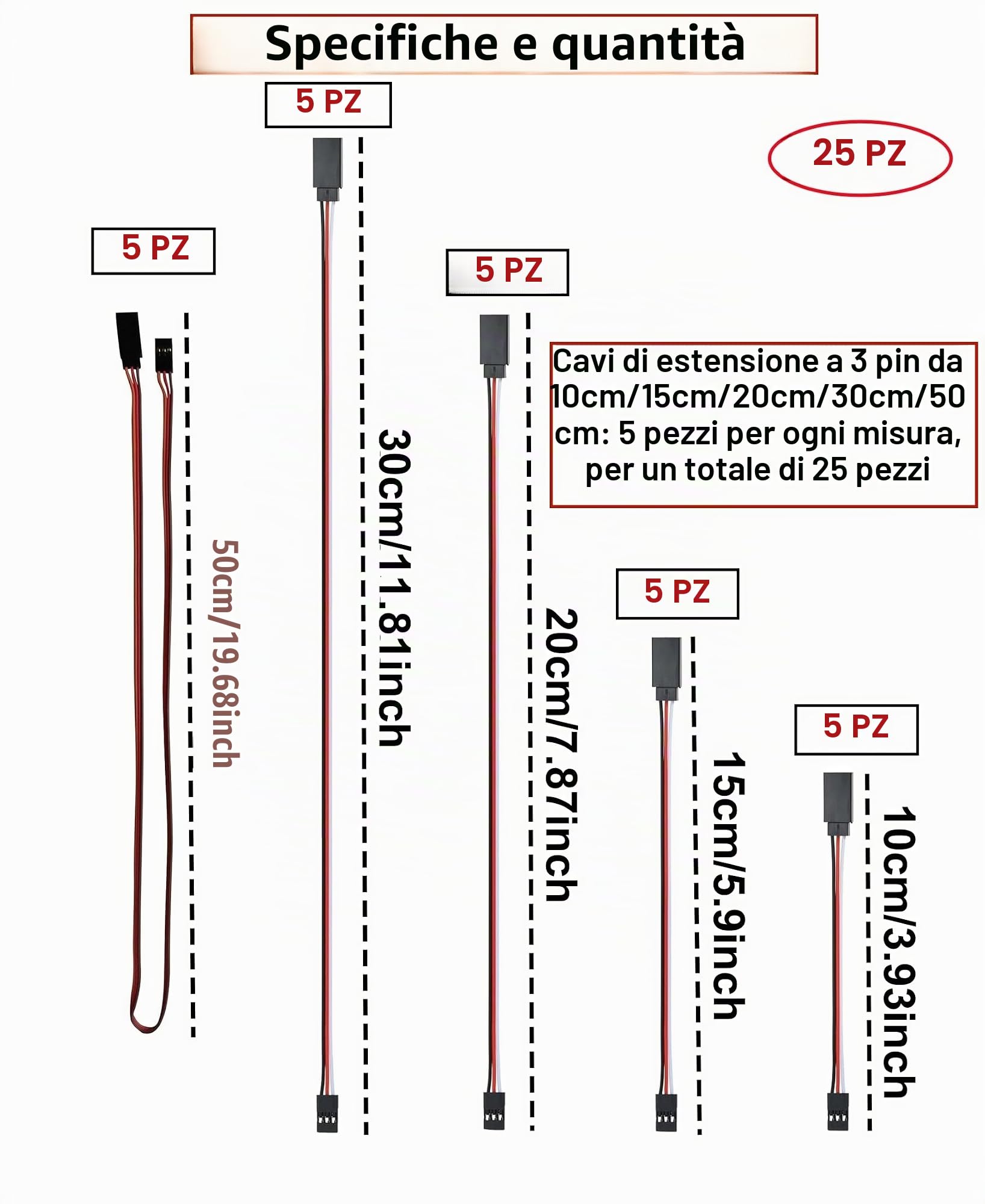 HUAZIZ 25 pezzi RC Servo Extension Cable, 5 misure 10 cm/15 cm/20 cm/30 cm/50 cm maschio a femmina, cavo di prolunga servo a 3 poli