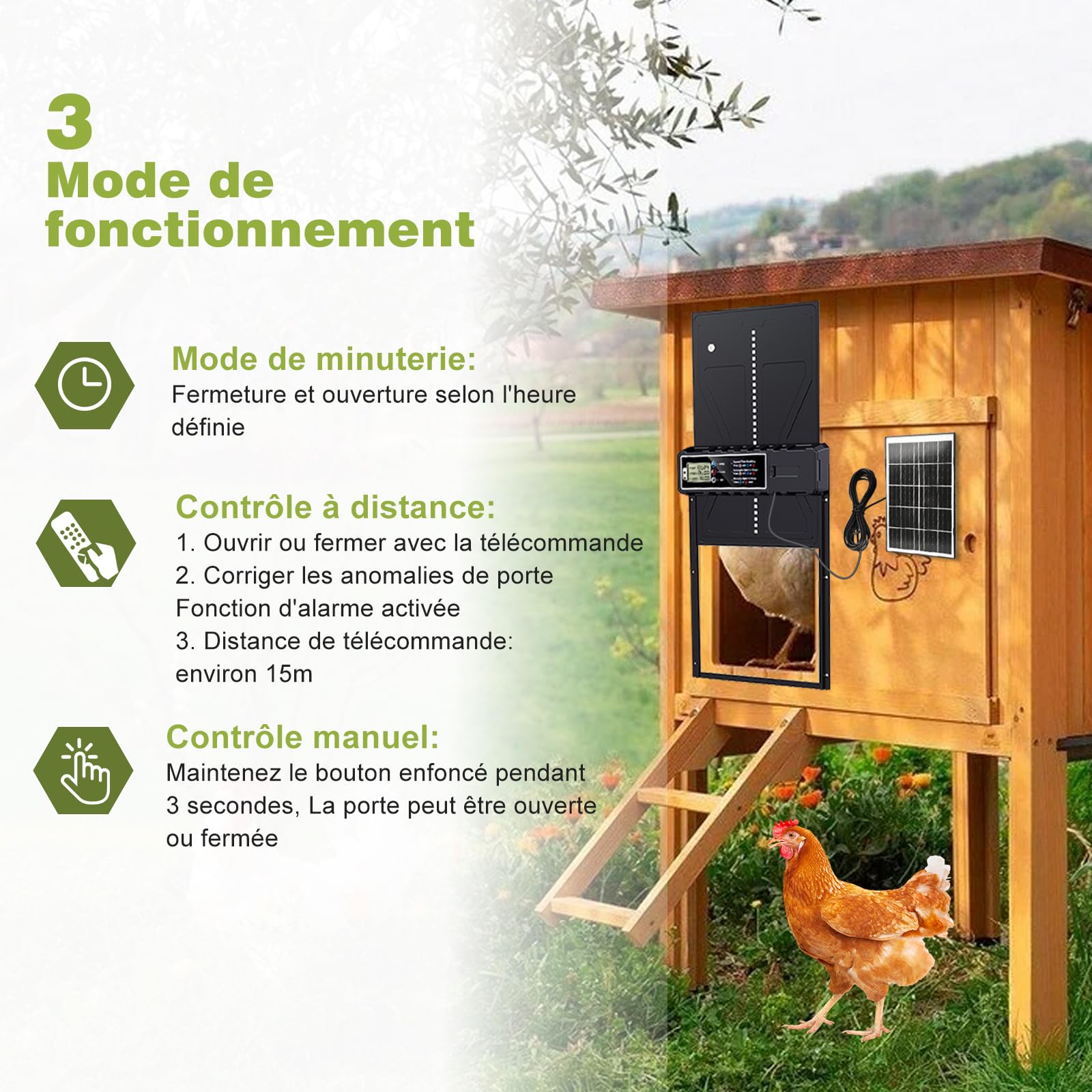 Grande Taille Porte Poulailler Automatique Solaire,Automatique Poulailler en Aluminium avec 7W Panneaux Solaires, Deux méthodes de Chargement Minuterie, Affichage LED, Télécommande