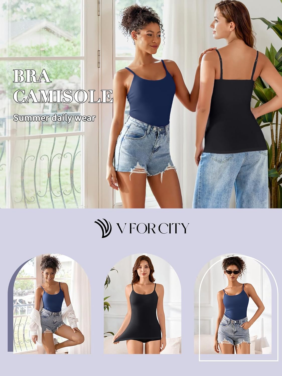 V FOR CITY Women Built in Bra Camisole Tops Adjustable Spaghetti Strap Tank Top Padded Cami Shirts - Image 5