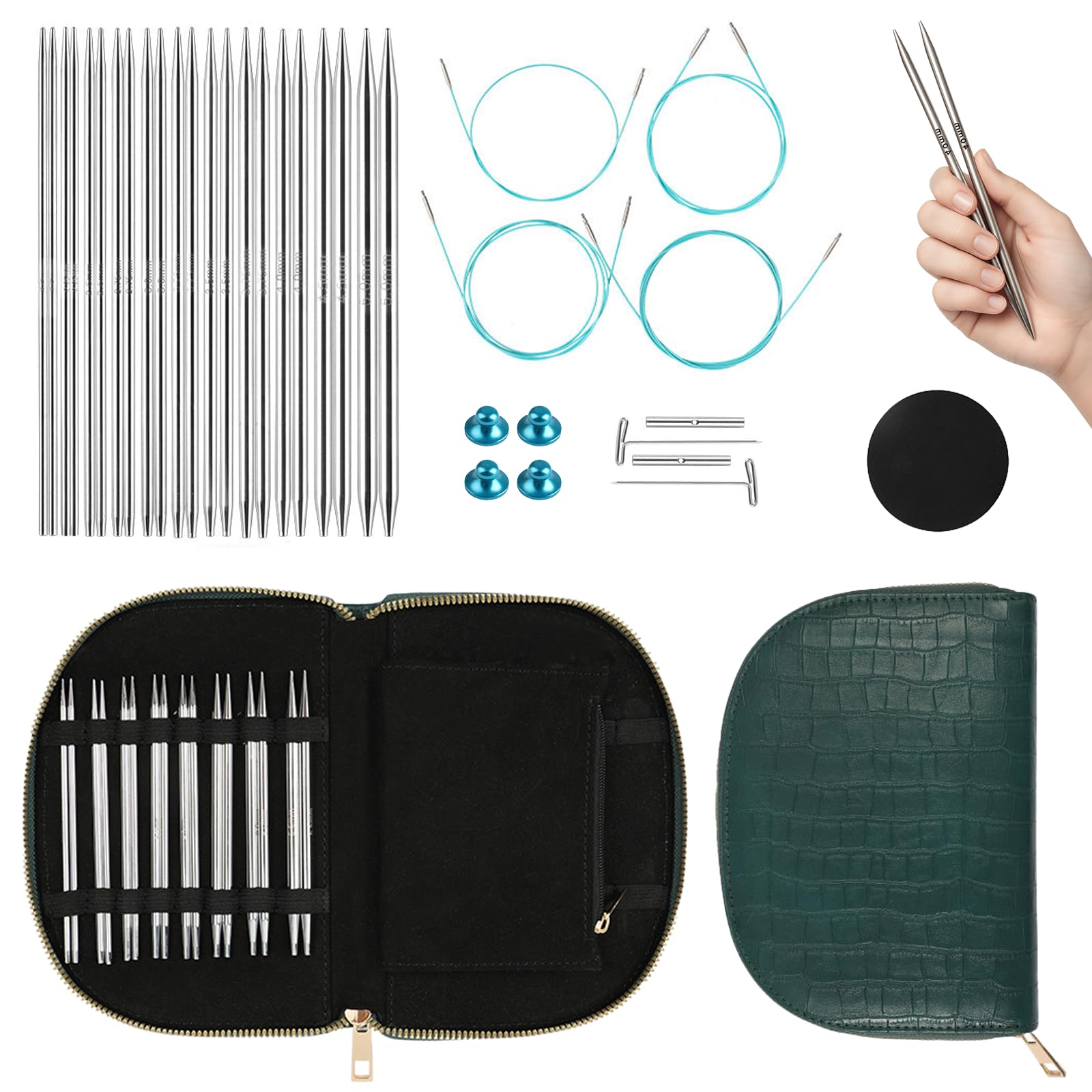 Yarniss Set di 11 paia di ferri da maglia circolari da 2,0~5,0 mm, ferri da maglia intercambiabili in alluminio con custodia