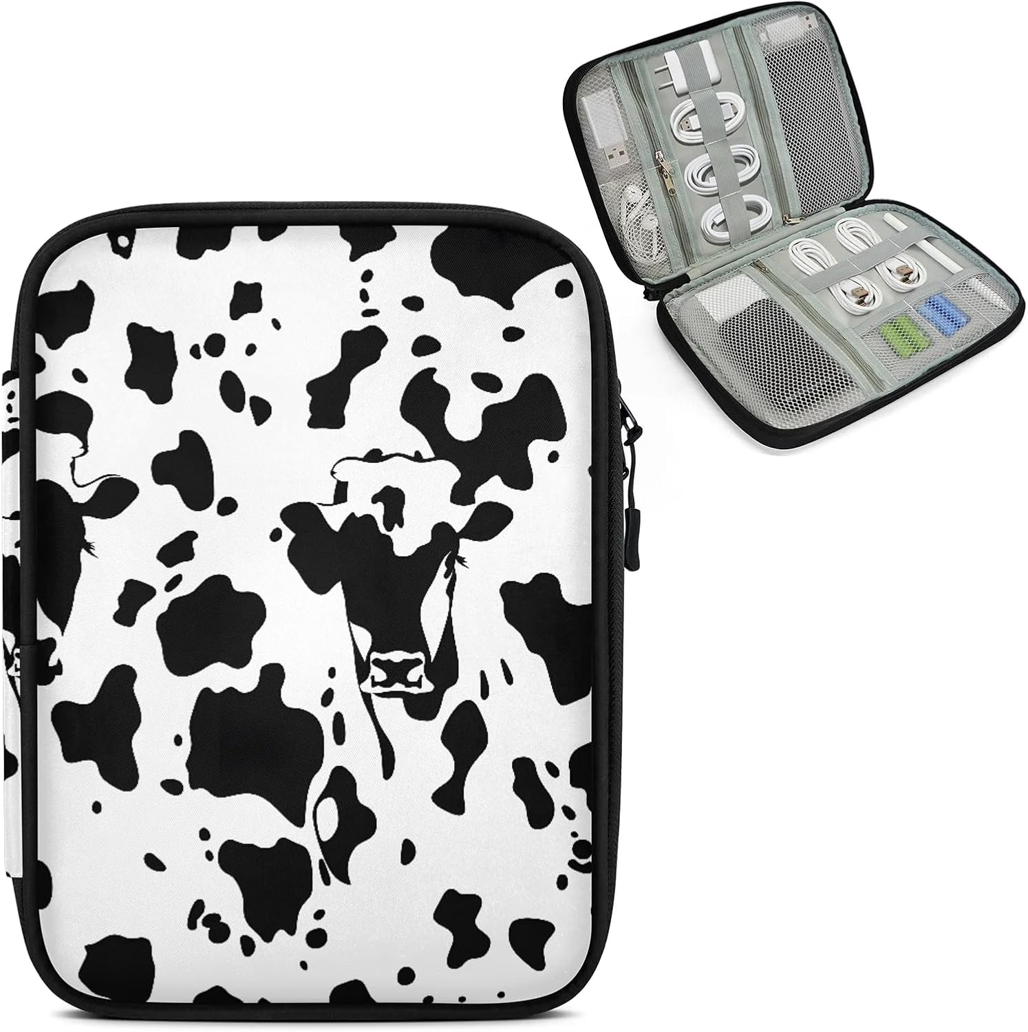 Cow Print Electronics Travel Organizer Case, Black and White Cow Tech Organizer Pouch Cord Storage Bag for Phone, Cable, Charger, Accessories