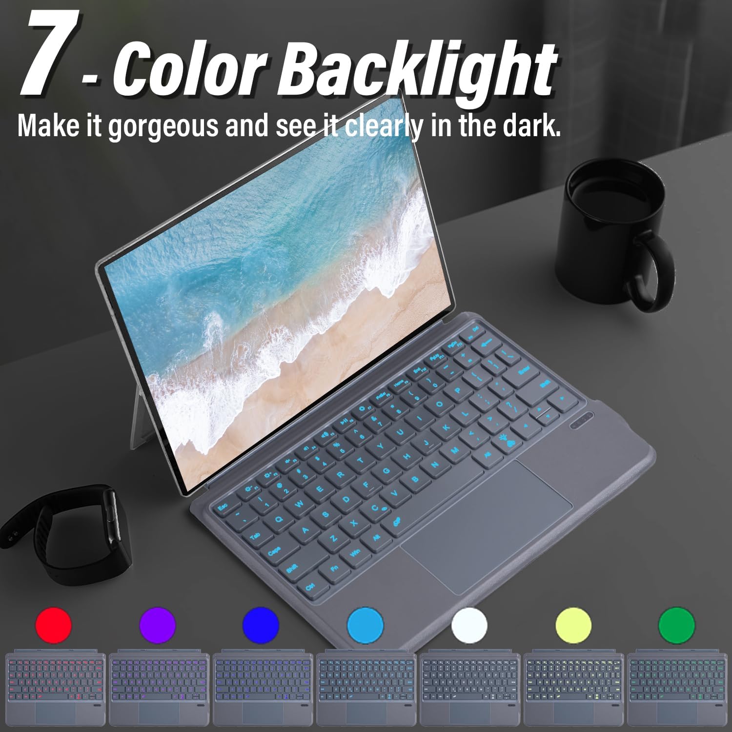 Backlit Keyboard for Surface Go 4/3/2/1, 7 Colors Font Backlight Detachable Wireless Type Cover With Trackpad Compatible With Microsoft Surface Go 4 2023 / 3 2021 / 2 2020 / 2018