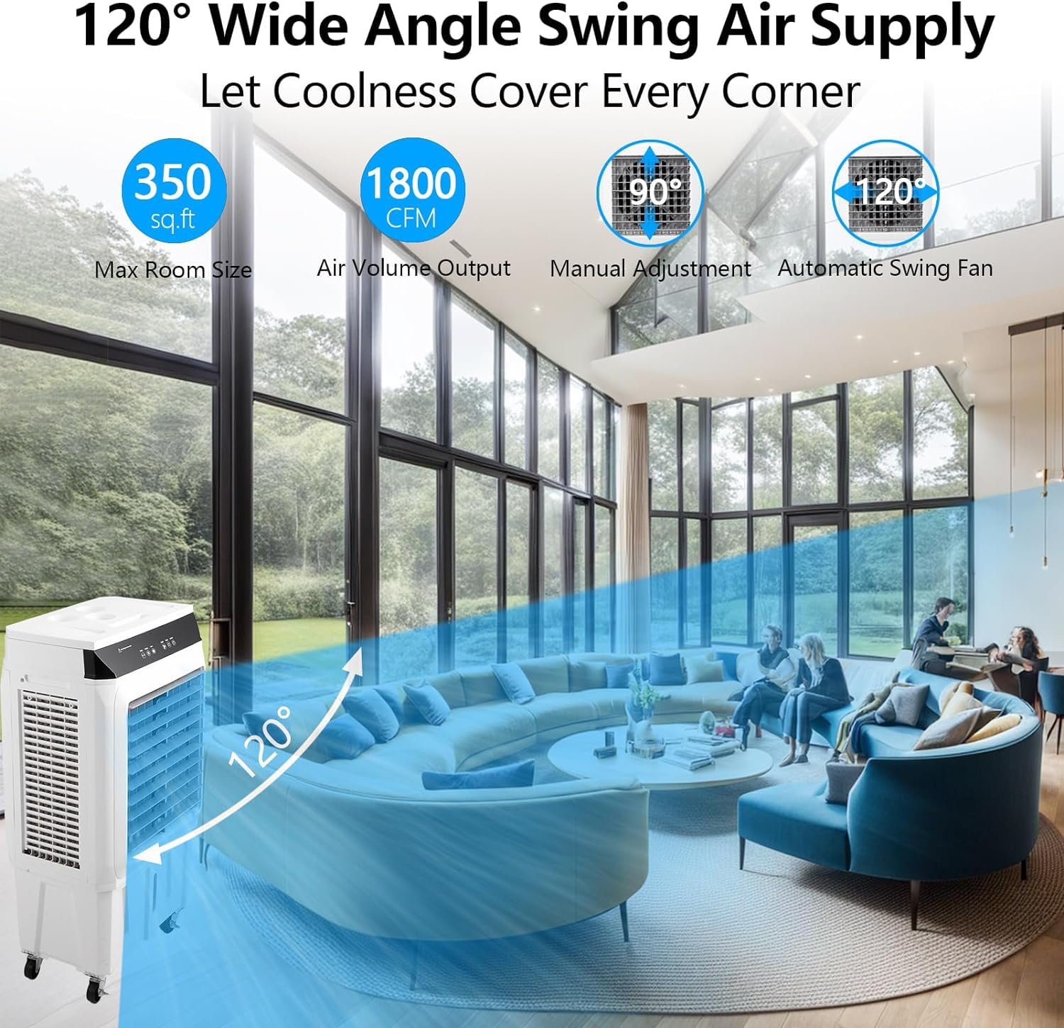Enfriador de aire evaporativo, enfriador de pantano de 1800 CFM con control remoto, tanque de agua grande de 8.4 galones, ventilador de enfriamiento de 3 velocidades, 4 paquetes de hielo, aire 3