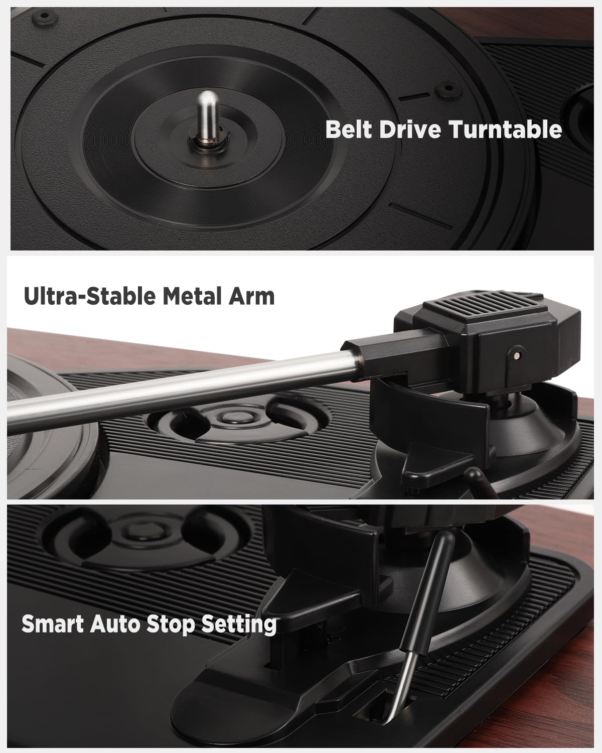 VIFLYKOO Plattenspieler, Schallplattenspieler Bluetooth 5.4 mit 2 Stereo-Lautsprecher, Wireless 3-Gang 33/45/78 u/min, Vinyl Player unterstützt Kopfhöreranschluss/AUX-Eingang/RCA-Ausgang/USB, Mahagoni