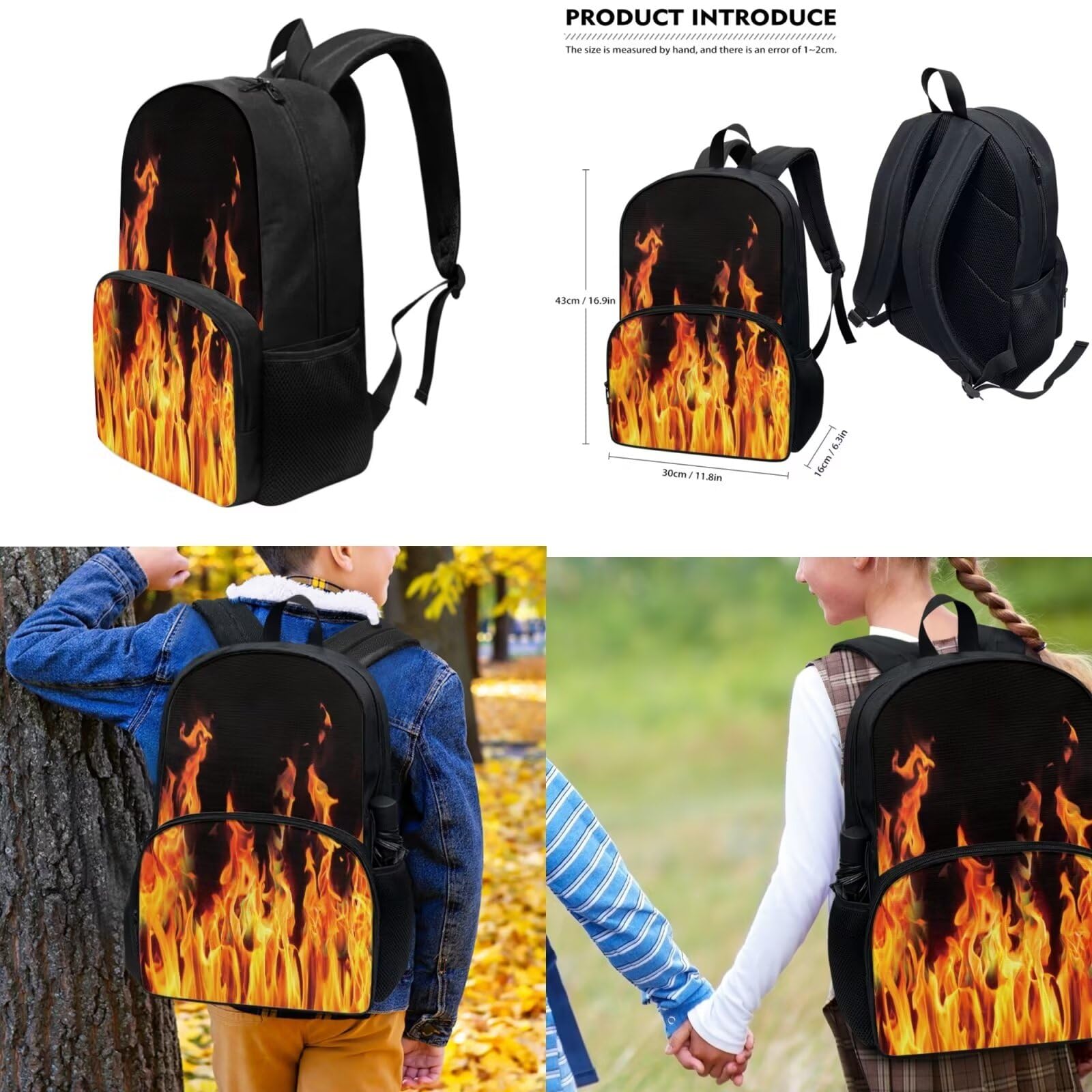Pointodoor Kids Lunch Bag for School Red Flame Print 3 Piece School Bag Set with Lunch Bag 4-16 Boys Large Capacity Travel Book Bags Lightweight Hiking Camping Shoulder Bag for Kids