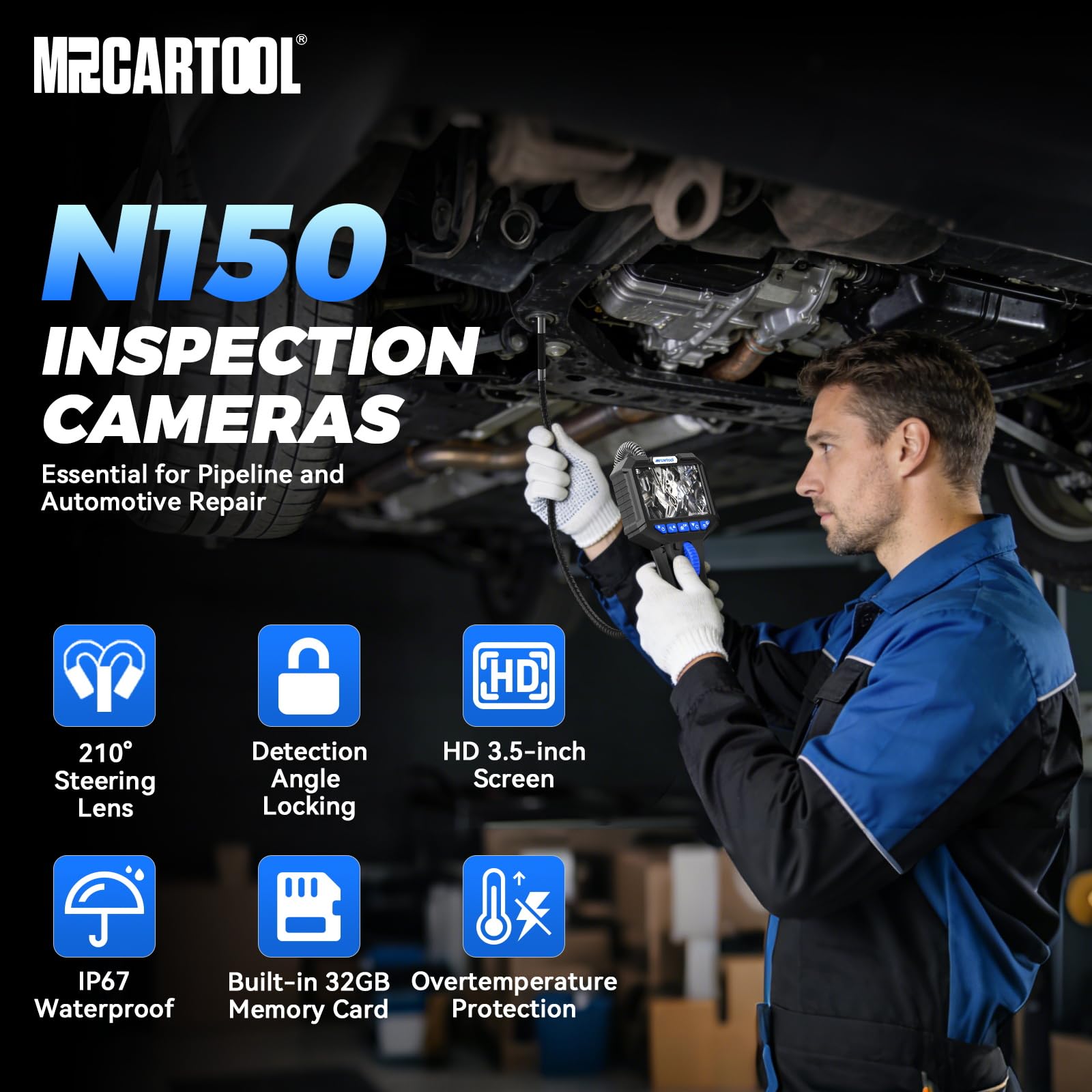 MRCARTOOL - Telecamera endoscopica con luce endoscopio con serratura da 6,2 mm, telecamera di ispezione 3,5" HD 1080P con scheda SD da 32 GB, rotazione a 210°, 6 LED, IP67, cavo semi-rigido da 1 m