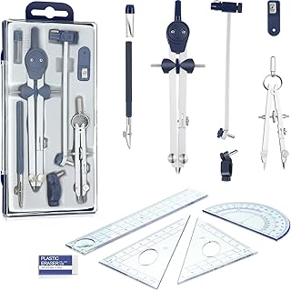 12 Pieces Geometry Set, Including Metal Compass Drawing Tool Scale Ruler Triangle Ruler Protractor and Eraser, Geometry Precision Tool Set Circle Drawing Tools for Architect Engineer Students Supplies
