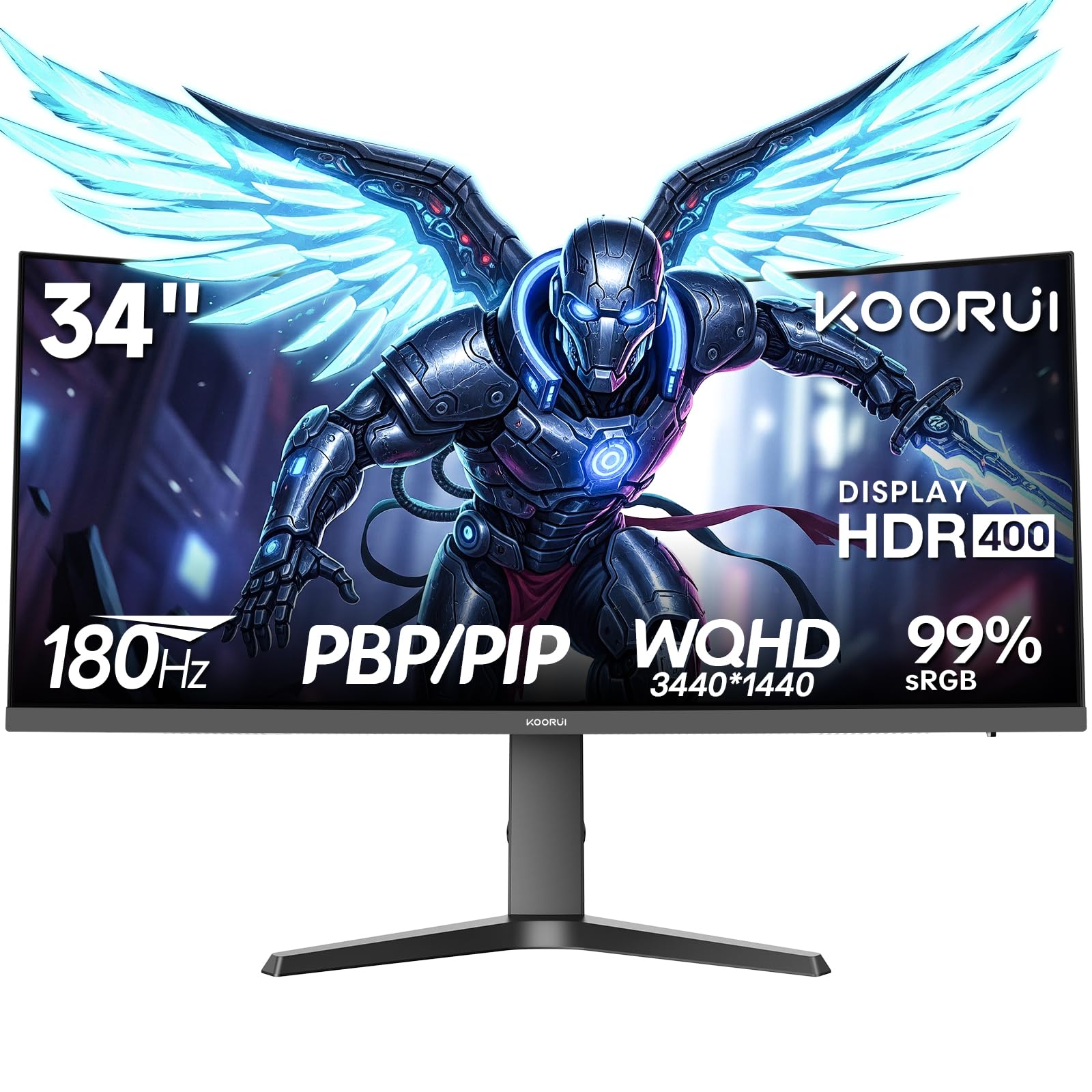 KOORUI Monitor da gioco curvo(R1000) da 34 pollici | Pannello VA WQHD 3440×1440, 180 Hz + 1 MS MPRT, HDR400 + 99% sRGB, supporta la regolazione dell'altezza di 110 mm, nero