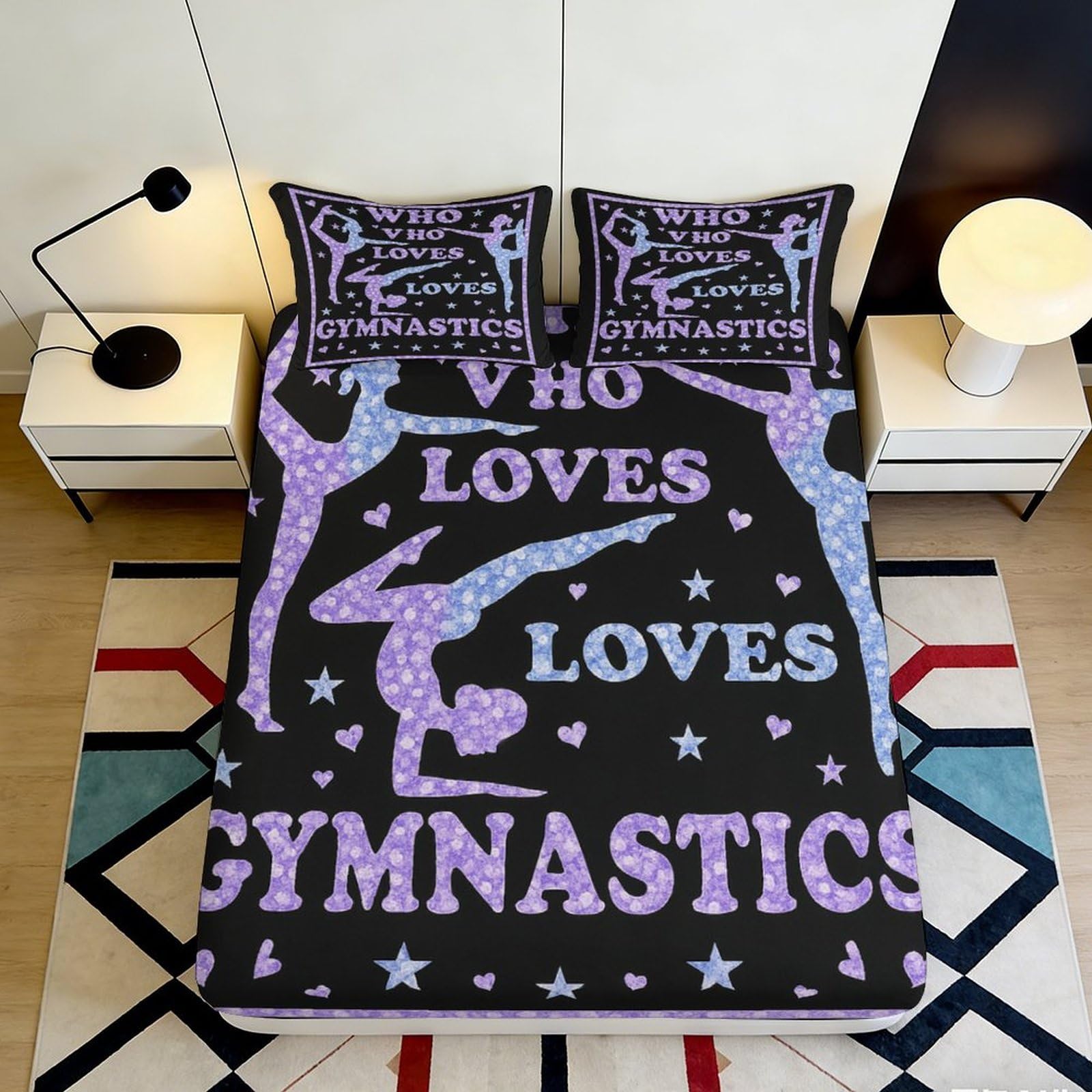 3D Printed Gymnastics Silhouette Fitted Sheet Microfiber Soft Purple Black Bed Cover for Bedroom Dorm Decor 90x200x25cm