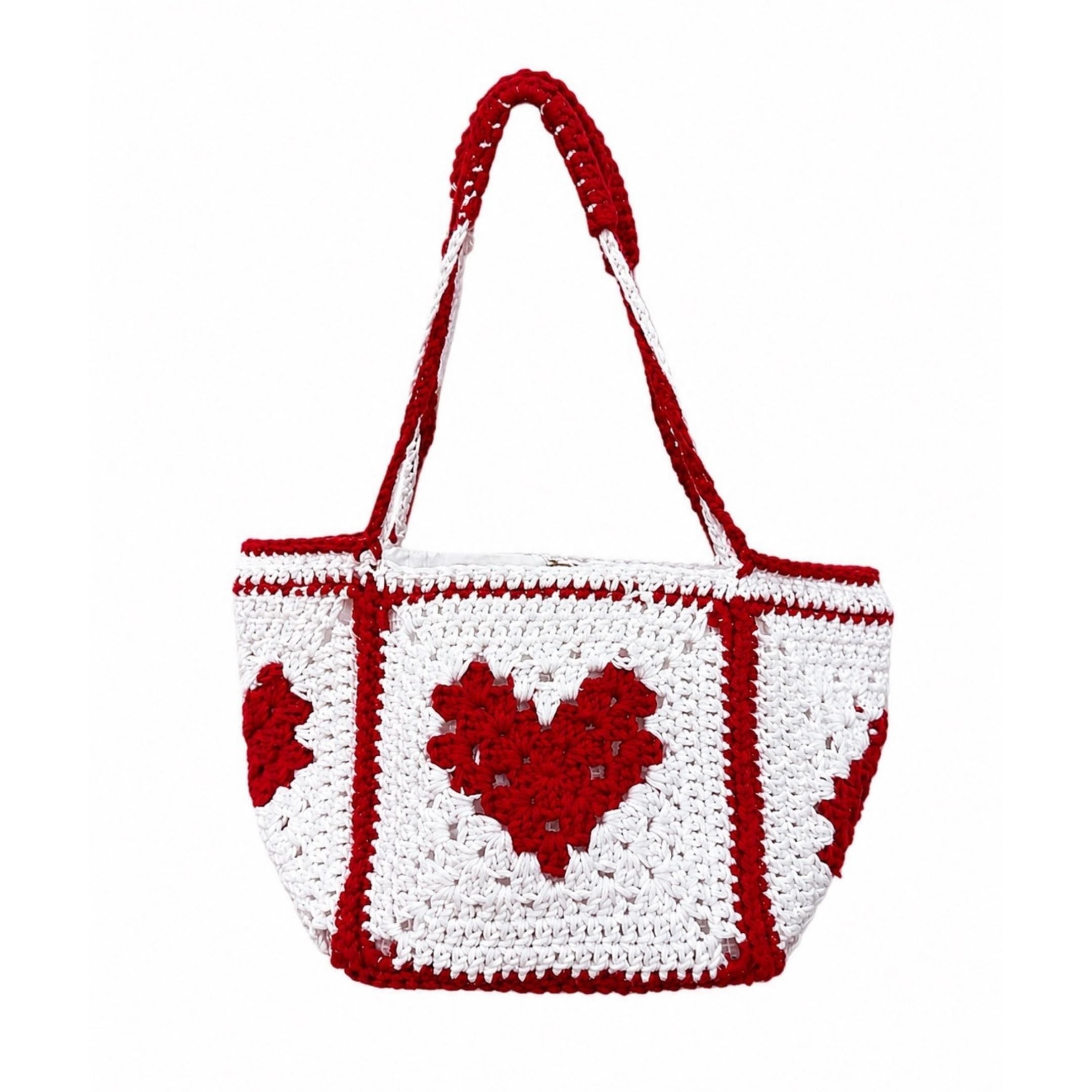 yarnest Heart Crochet Tote Bag, White and Red, 100% Cotton Yarn, Magnetic Closure-picture-21