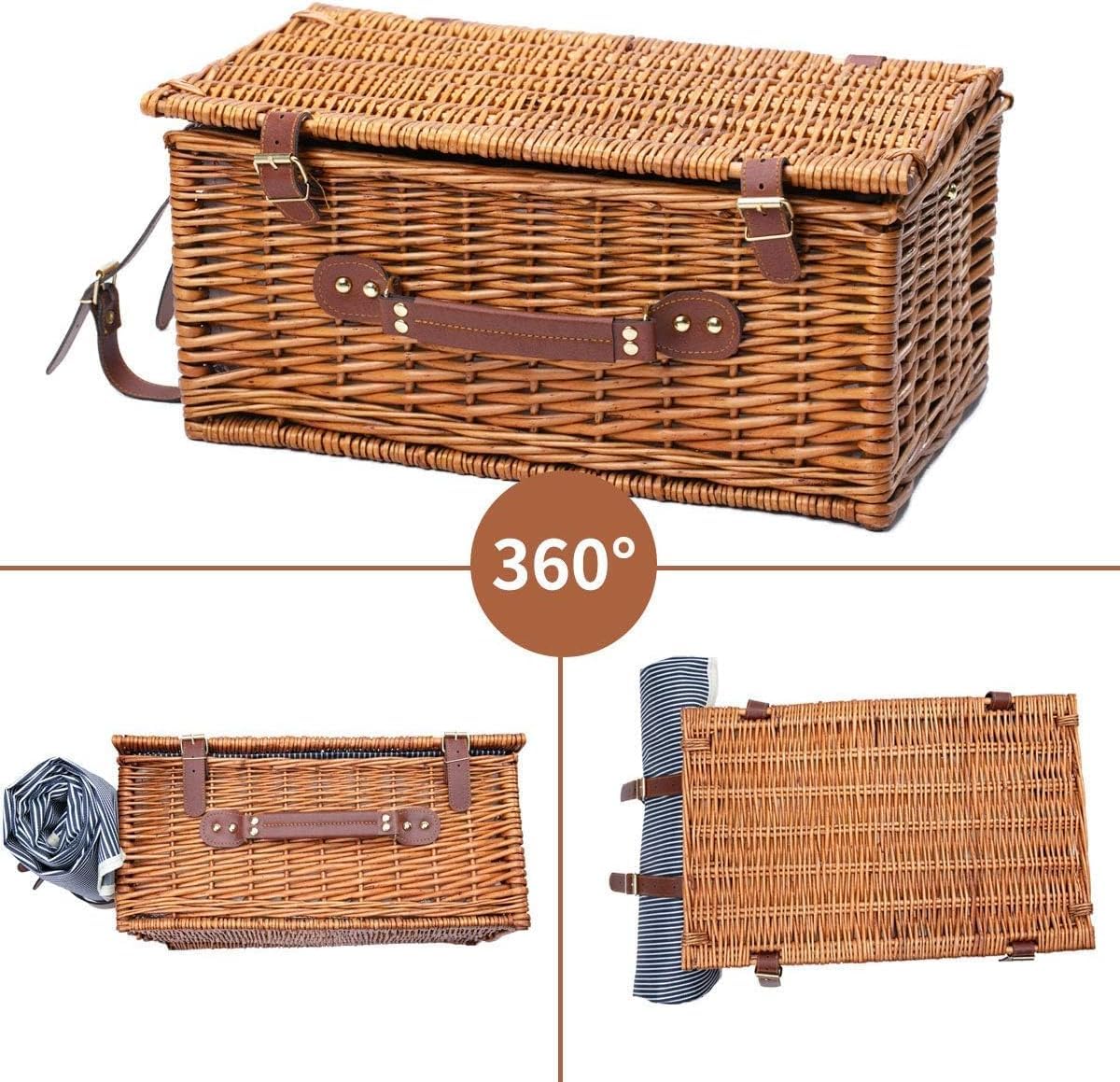 Cestino da Picnic in Vimini per 4 Persone con Scompartimento Isotermico, Coperta da Picnic Impermeabile e Kit di Posate, Cestini PIC Nic per Campeggio, Escursioni, Barbecue e Regali Famiglie
