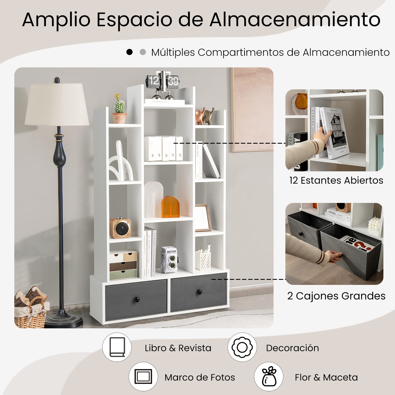 COSTWAY Estantería Librería de 12 Niveles con Cajón, Estabtería de Madera con 12 Compartimentos, Estudio, Sala de Estar, Dormitorio, 80 x 24 x 132cm (Blanco)