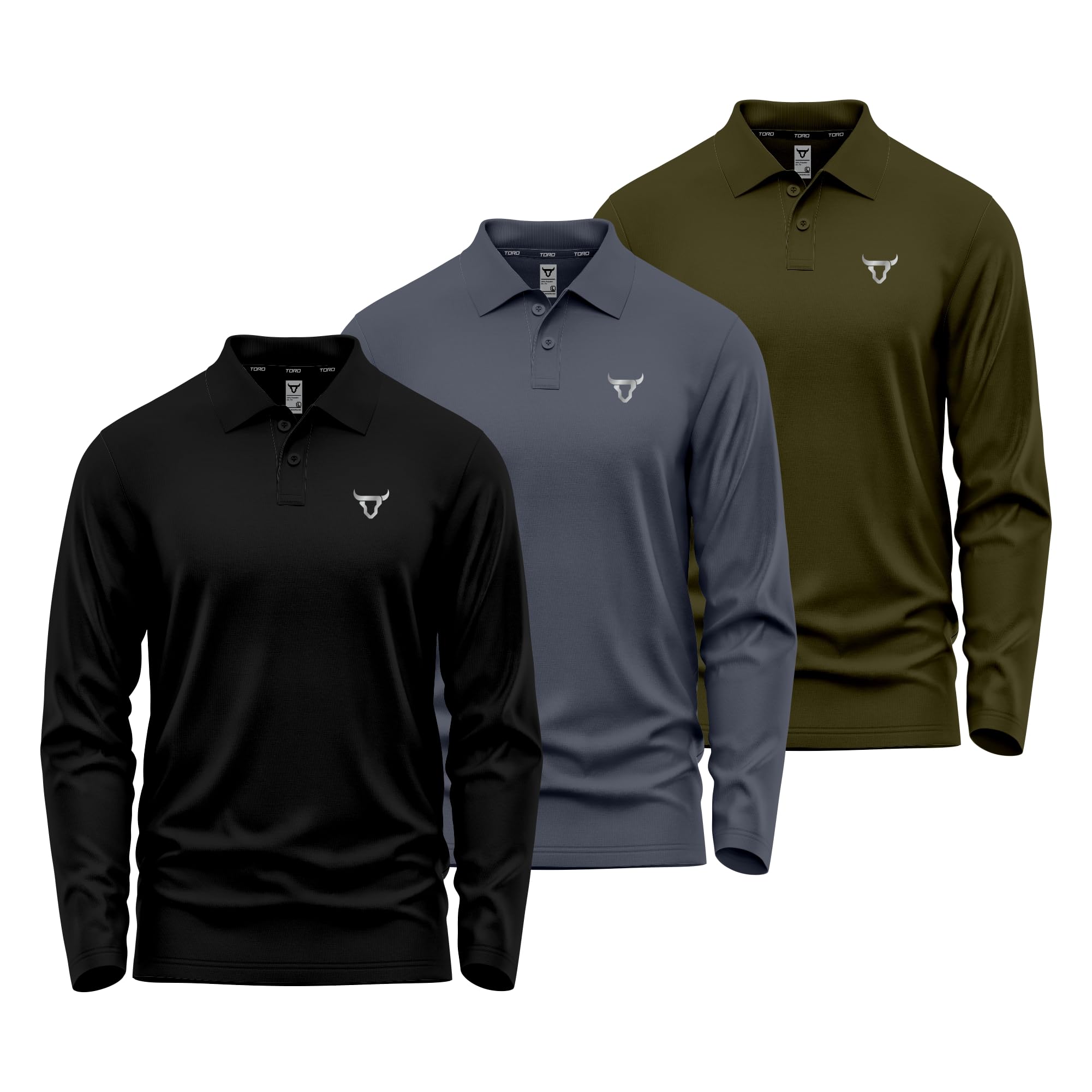 Paquet de 3 Hommes Polo T Shirt Regular Fit Olympique Casual Uniforme Tenue de soirée Multicolores Longues Manches Pleines Bouton Adultes Cadeau Polo Top