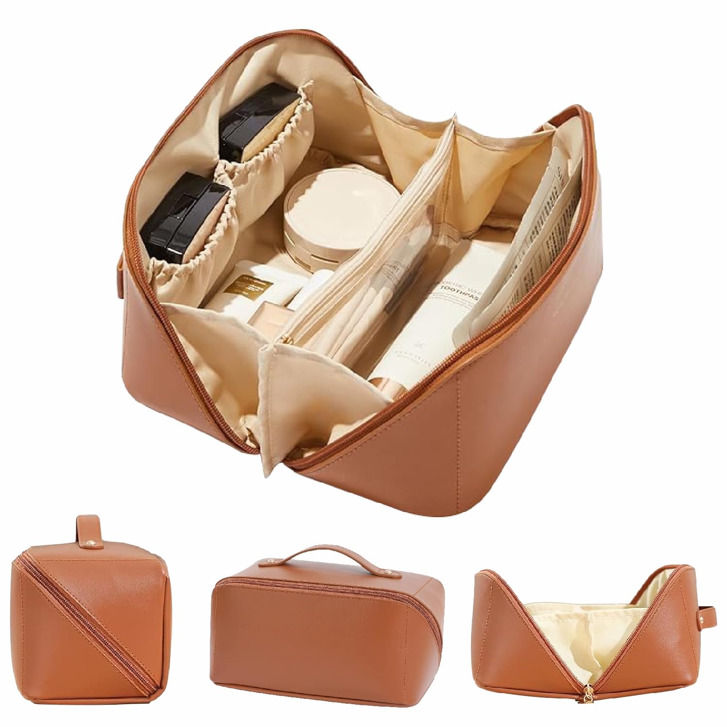 Wide Opening Leather Makeup Organizer Bag/Large Capacity Cosmetic Pouch with Partition & Carry Strap/Portable Toiletry & Vanity Bag for Women/Travel Makeup Bag (1Pc, Brown)