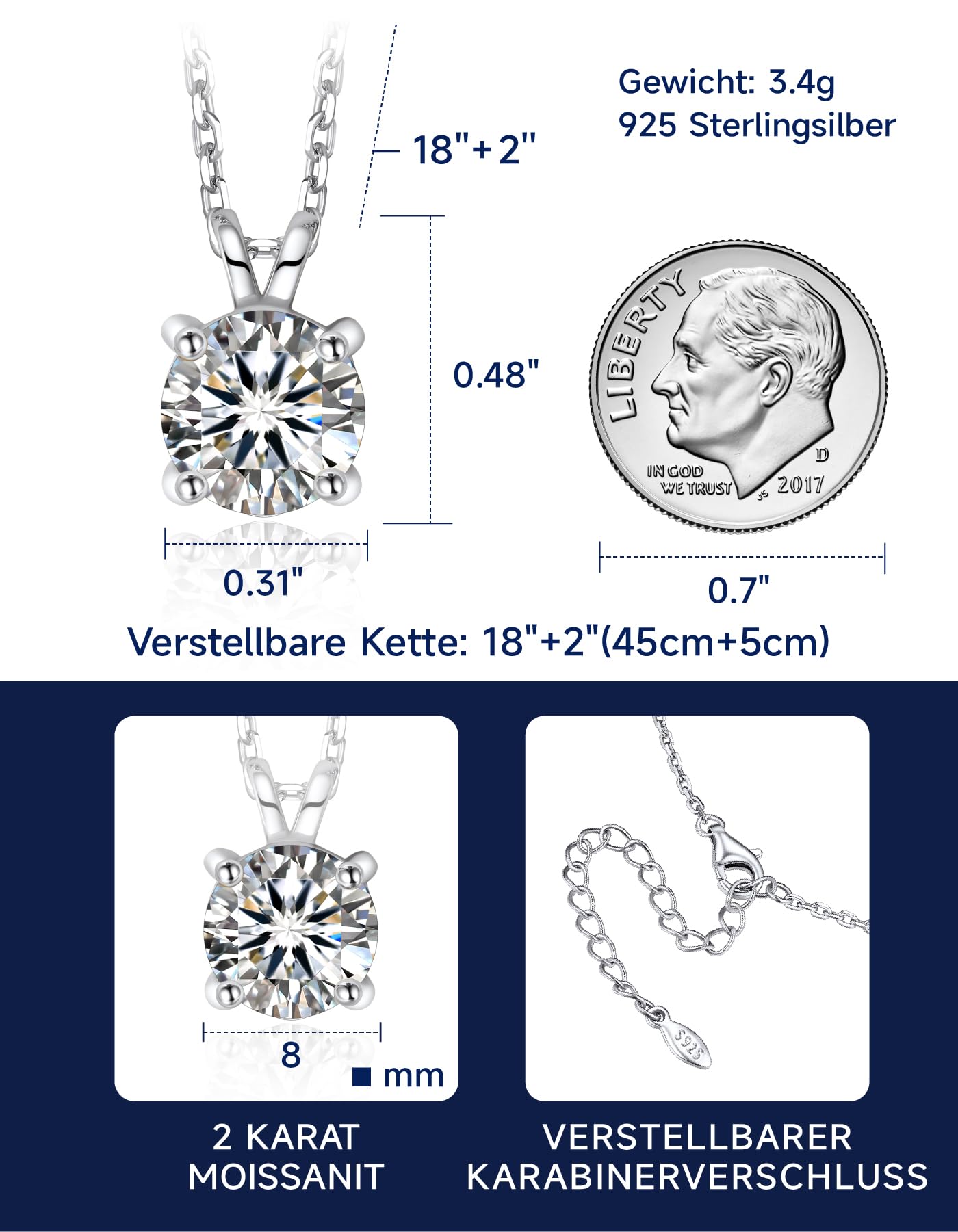 MomentWish Moissanite Halskette Damen, 0,3/0,5/1/2 Karat Solitär Diamant Kette Silber 925 Weißgold/Roségold/Gold Vergoldet Schmuck Geschenk Weihnachten für Frauen