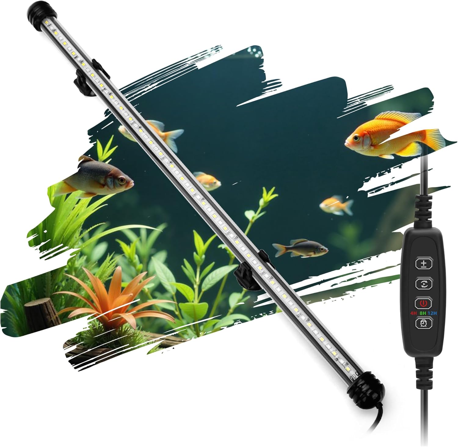 LED Submersible Aquarium Light 10W Underwater Fish Tank Light with Blue White&Blue and White Three Light Modes Timer Automatic On/Off and Dimmer Brightness Adjustable (19inch)