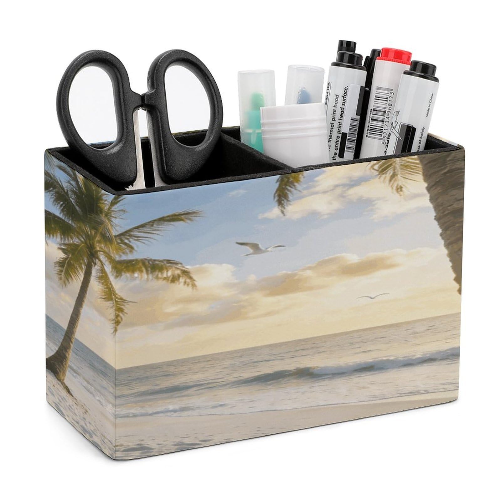 LZQPOEAS Beach And Coconut Tree Pen Holder Double Compartments Pen Cup Makeup Brush Holders Leather Pencil Holder Locker Organizer for Work Locker Accessories Modern Pencil Cup for Desk