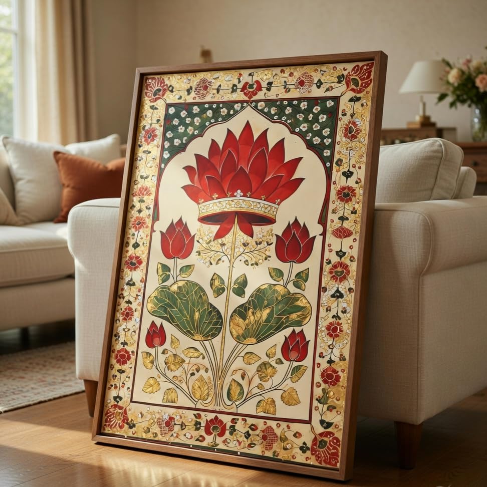 Image of Livin'luxe Royal Lotus Floral Wall Painting with Wooden Frame | Traditional Lotus Artwork HD UV Laminated MDF Wall Decor | Elegant Botanical Lotus Art for Living Room Bedroom Home Decor