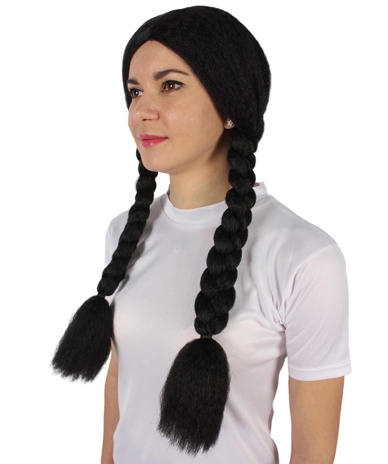 HPO Adult Women's Black Color Braided Pigtails Shoulder Length Trendy Wednesday Wig