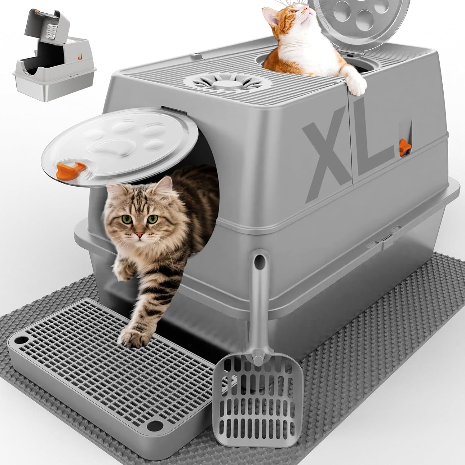 Stainless Steel Litter Box with Lid, XL Extra Large Litter Box, Enclosed Top Entry Metal Litterbox for Big Cats, Easy Cleaning, Anti-Leakage & High Sided with Mat, Aisle & Scoop, Light Grey