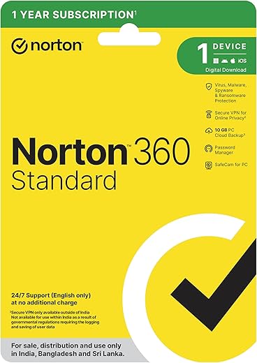 Norton 360 Standard |1 User 1 Year|Total Security for PC, Mac, Android or iOS|Additionally Includes Password Manager,PC Cloud Back Up,SafeCam for…
