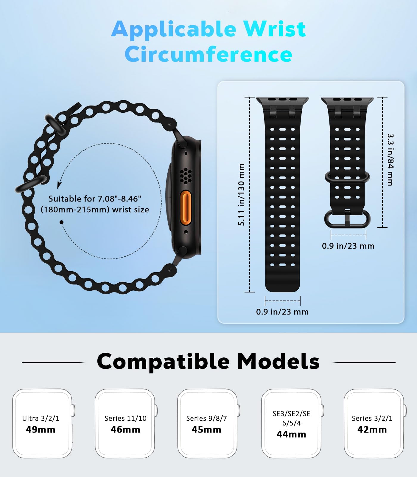 Astorgos Cinturino Ocean compatibile con Apple Watch Ultra 2/Ultra 49mm, S10 46mm, 9/8/7 45mm, SE/6/5/4 44mm, 3/2/1 42mm, Cinturini Sportivo con Connettore in Metallo per Uomo e Donna