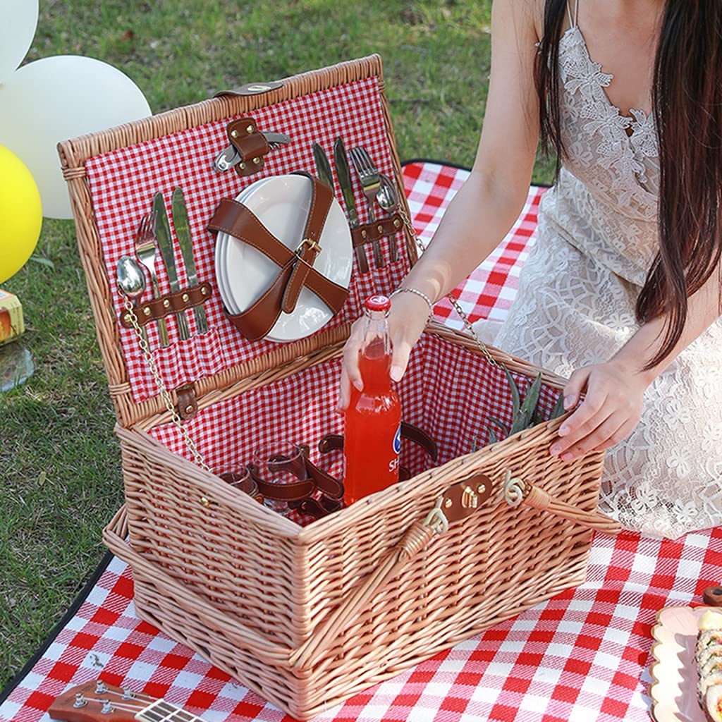 Cestino da Picnic Cestino da Picnic con Posate Tappetino da Picnic Grande Cestino da Picnic per 4 Persone Cestino da Picnic con Manici Pieghevoli (Color : Natural, Size : 46 * 31 * 28cm) (Natural 46