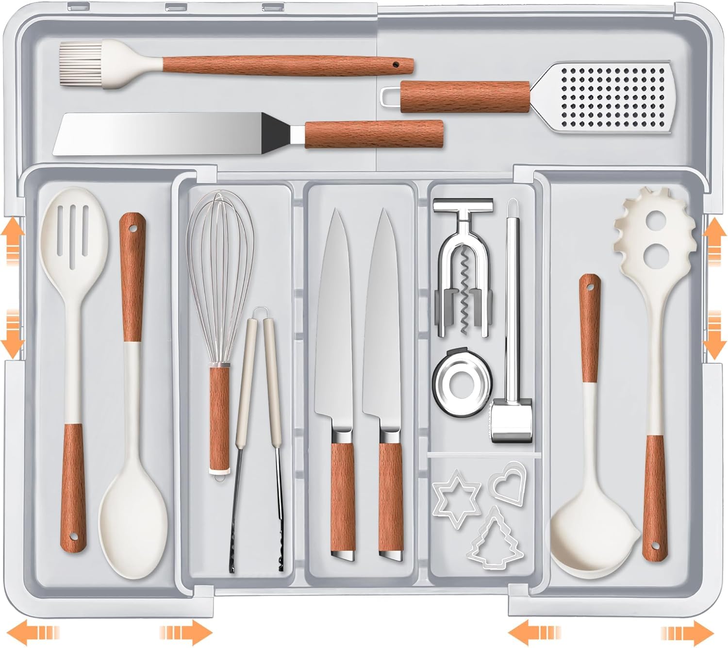 ZHUIYIWIN Cutlery Drawer Organiser, Expandable Kitchen Drawer Organiser, Expandable Utensil Tray with 2 Removable Knife Blocks, Utensil Organiser for Multipurpose Kitchen Storage (GreyX2)