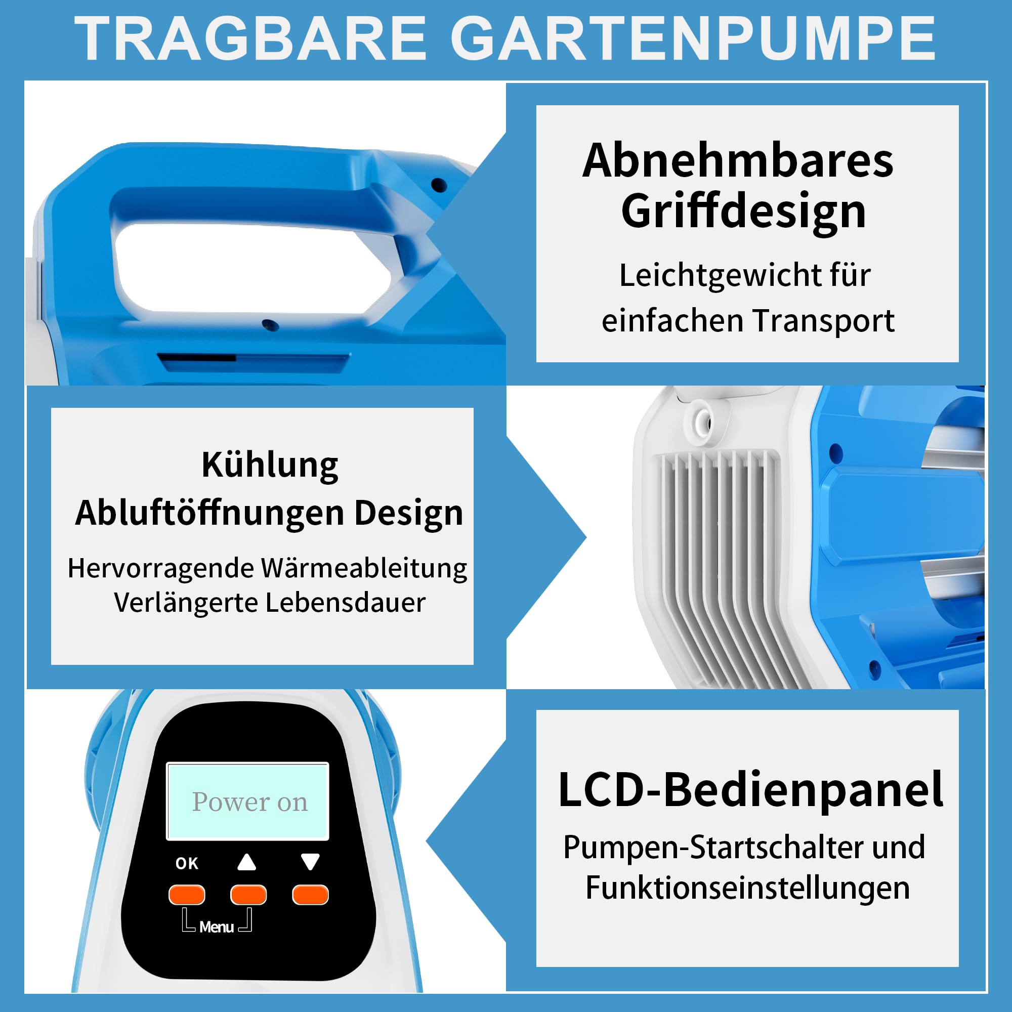 FOTING Pompe de jardin LCD INOX: Pompe d’arrosage haute pression avec écran LCD + 3 boutons, préfiltre grossier (1300 W, débit max 6 000 l/h, HMT 60 m, pression max 6 bar, aspiration 8 m)