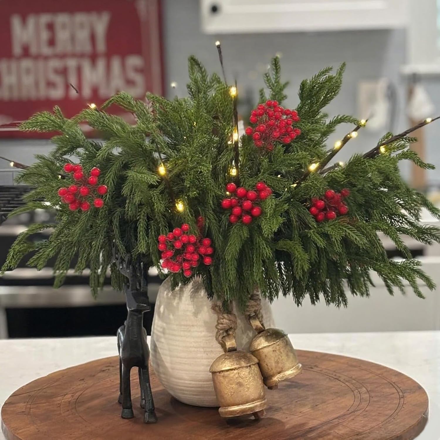 18Inches 16pcs Christmas Norfolk Pine Stems with Berry Set,Artificial Norfolk Branch 8pack, Faux Berry Stem 8pack,Fake stem Greenery Pine Picks for Indoor Home Vase DIY Outdoor Wreath Decoration