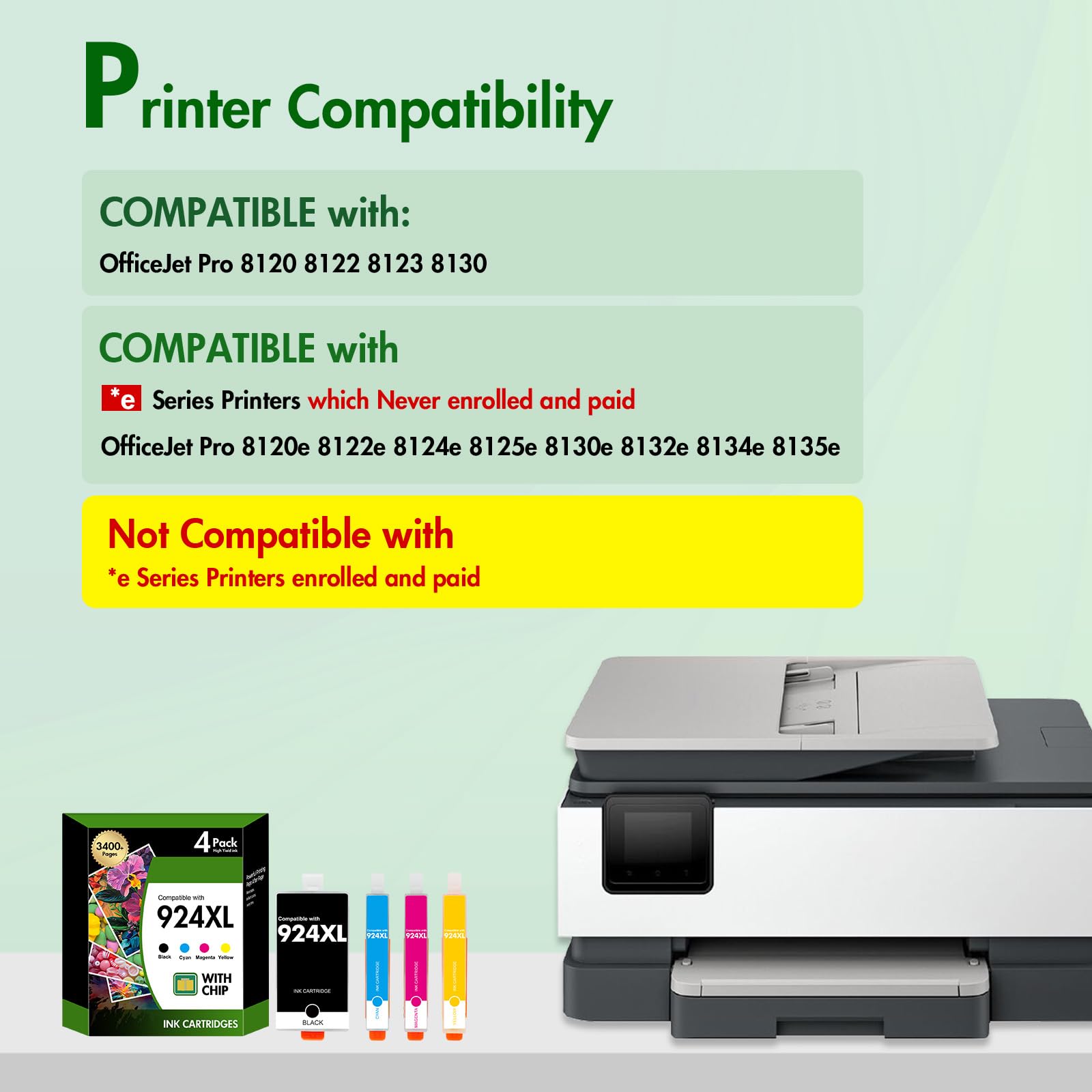 Toner Bank 924XL Cartouches Multipack avec Puce Compatible pour HP 924 924e Cartouches imprimantes pour OfficeJet Pro 8123 8130 8120 8133 imprimante (4 Paquets, Noir/Cyan/Magenta/Jaune)