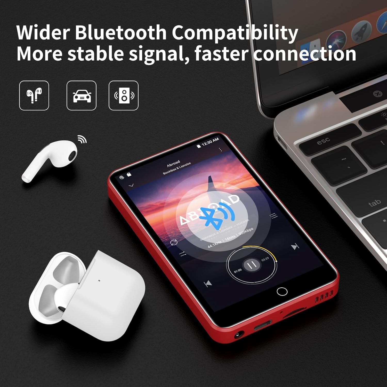 ZAQE MP3 Player connected to wireless earbuds via Bluetooth