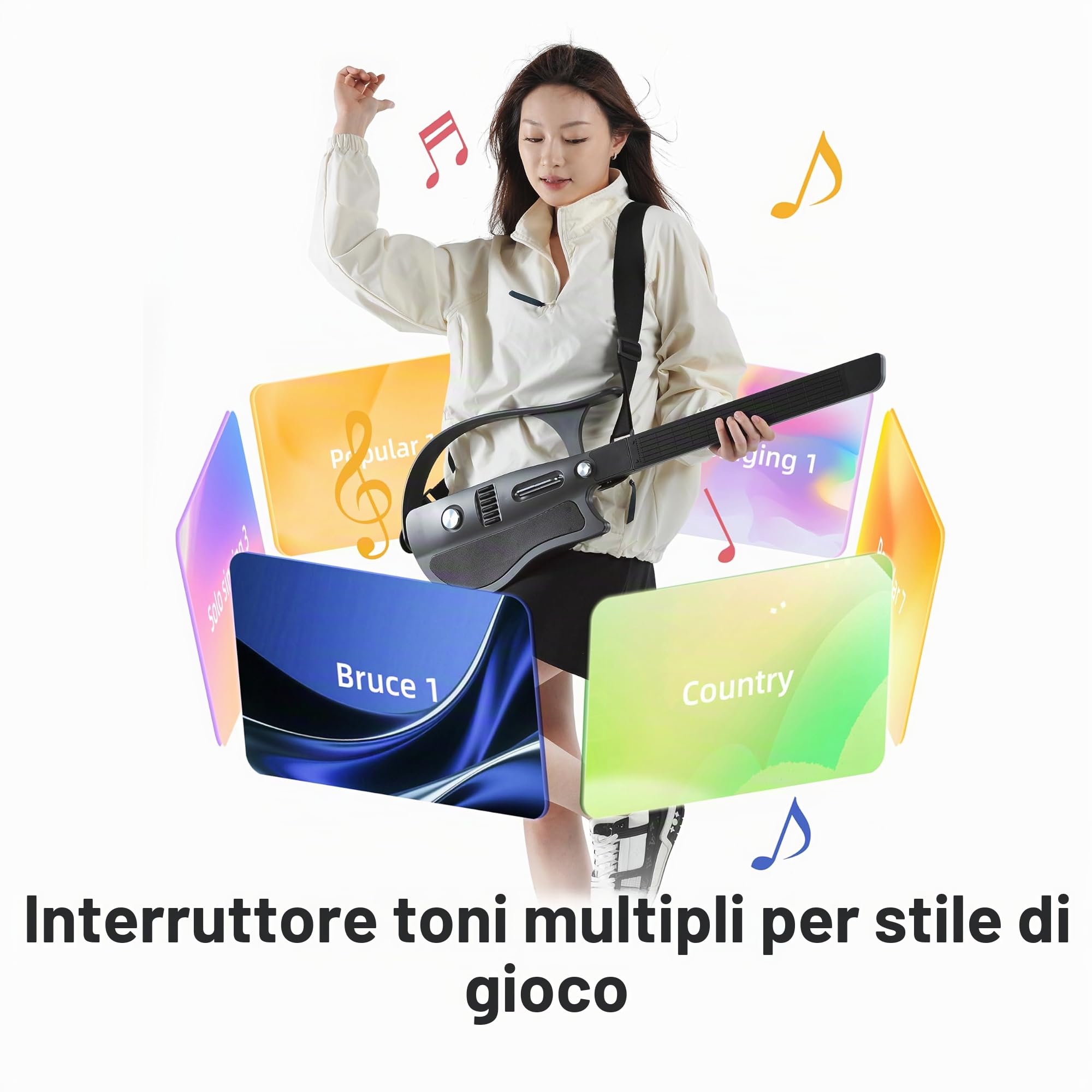 Chitarra intelligente senza corda, portatile e pieghevole con controllo app, generatore di accordi, batteria integrata e altoparlante, 100 toni sonori per principianti e bande, (Nero)