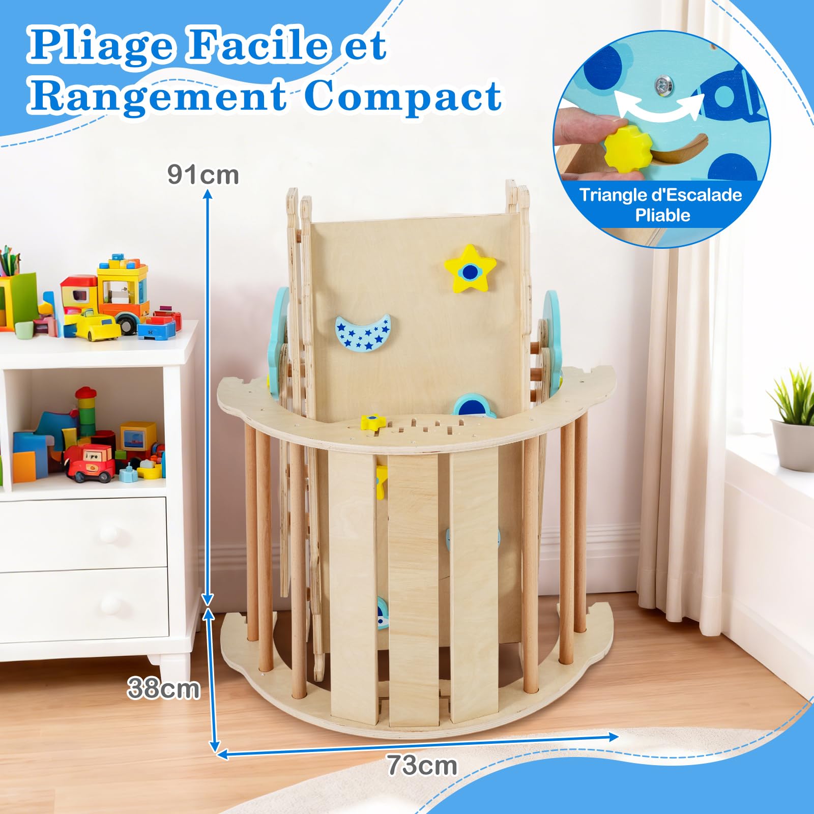 DREAMADE 9 en 1Triangle d'escalade Montessori en Bois Astronaute, Filet, Arche d’Escalade Pliable Éducative pour Enfants, Aire de Jeux Bébé pour Salon, Chambre, Maternelle (Naturel)
