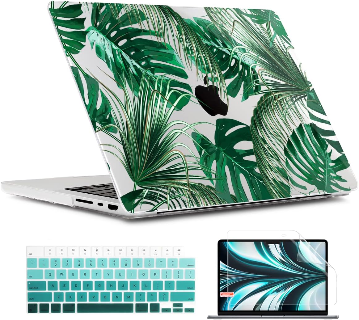 TWOLSKOO Compatible with MacBook Pro 14 inch Case 2023 2022 2021 Release M2 A2779 M1 A2442 Pro/Max Chip with Touch ID, Plastic Hard Shell Case&Keyboard Cover & Screen Protector, Tropical Palm Leaves