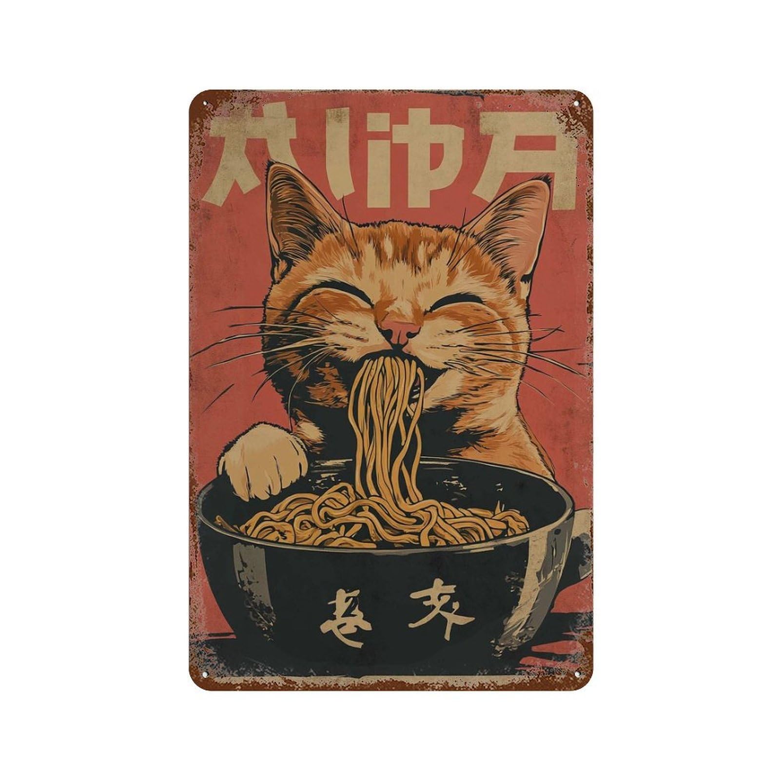 xiaoxiaoshen Cat Eating Noodles – Cute Kitten with Ramen Japanese Wall Decor Art Metal Tin Poster Modern Home Decor Art Home Bar Shop Decorations Vintage Sign 30x20cm
