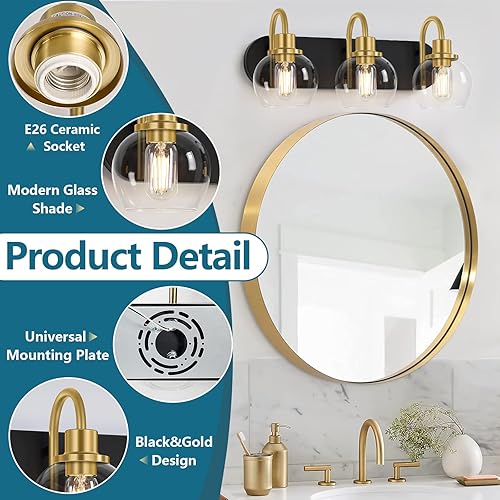 Miniatura 3 de Moderna lámpara de tocador de 3 luces, accesorio de iluminación de baño sobre espejo con pantalla de vidrio transparente y base de metal, apliques