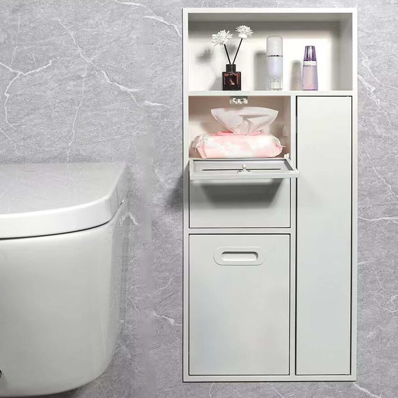 TIANQIHAO Wall-Mounted Shower With Built-In Toilet Paper Holder, Hidden Shower/Bath, Integrated Trash Bin With Stainless Steel Shelf - White H,Blanco