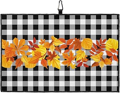 OComster Thanksgiving Autumn Leaves Maple Golf Towel with Carabiner Clip, Black Buffalo Plaid Fall Microfiber Waffle Pattern Golf Towel, Golf Accessories for Cleaning Clubs and Balls, 24x16 in