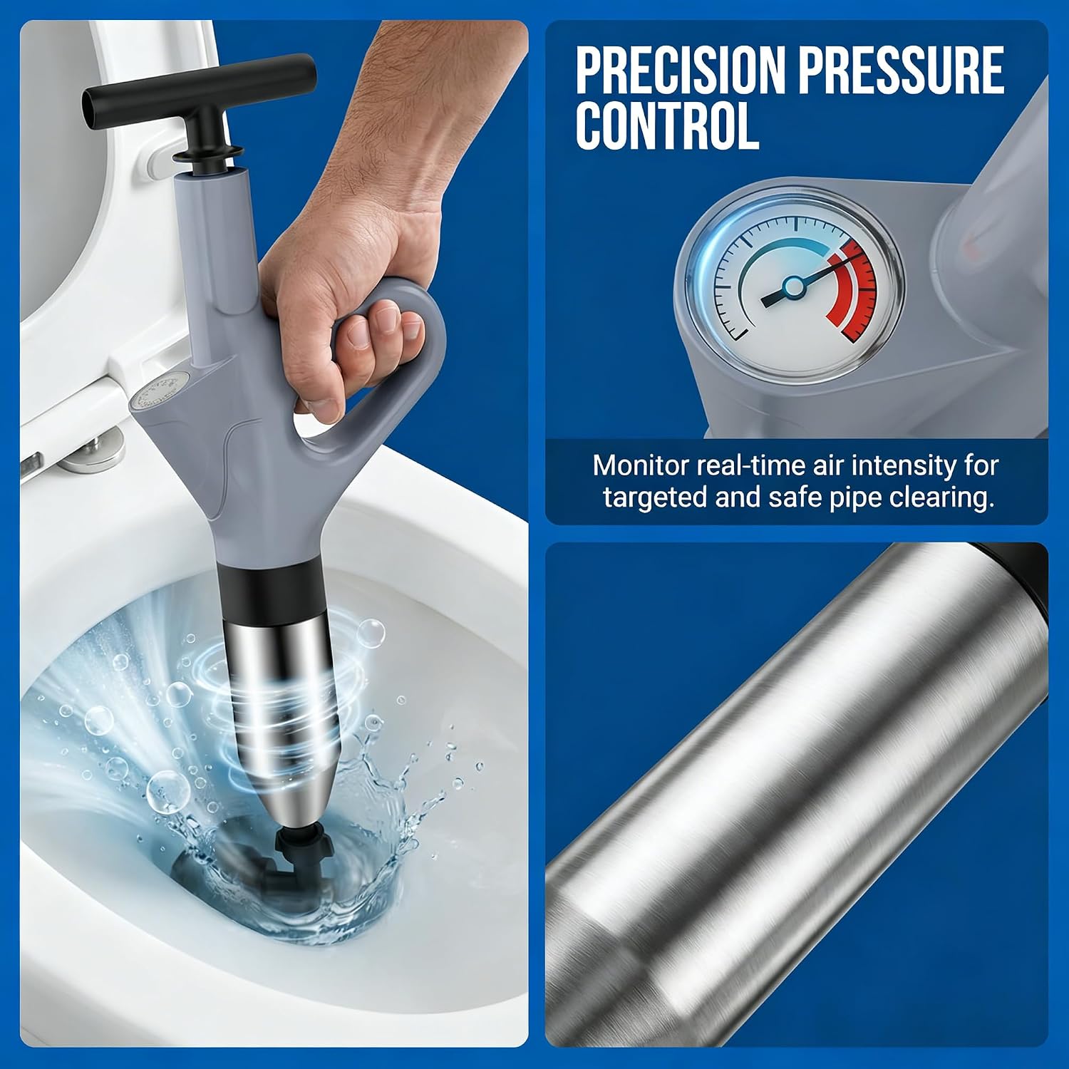 Stainless Steel High Pressure Toilet Plunger Heavy Duty Air Drain Blaster with Precision Visual Barometer Professional Unclogging Tool for Bathroom Sink Floor Drain & Clogged Pipes