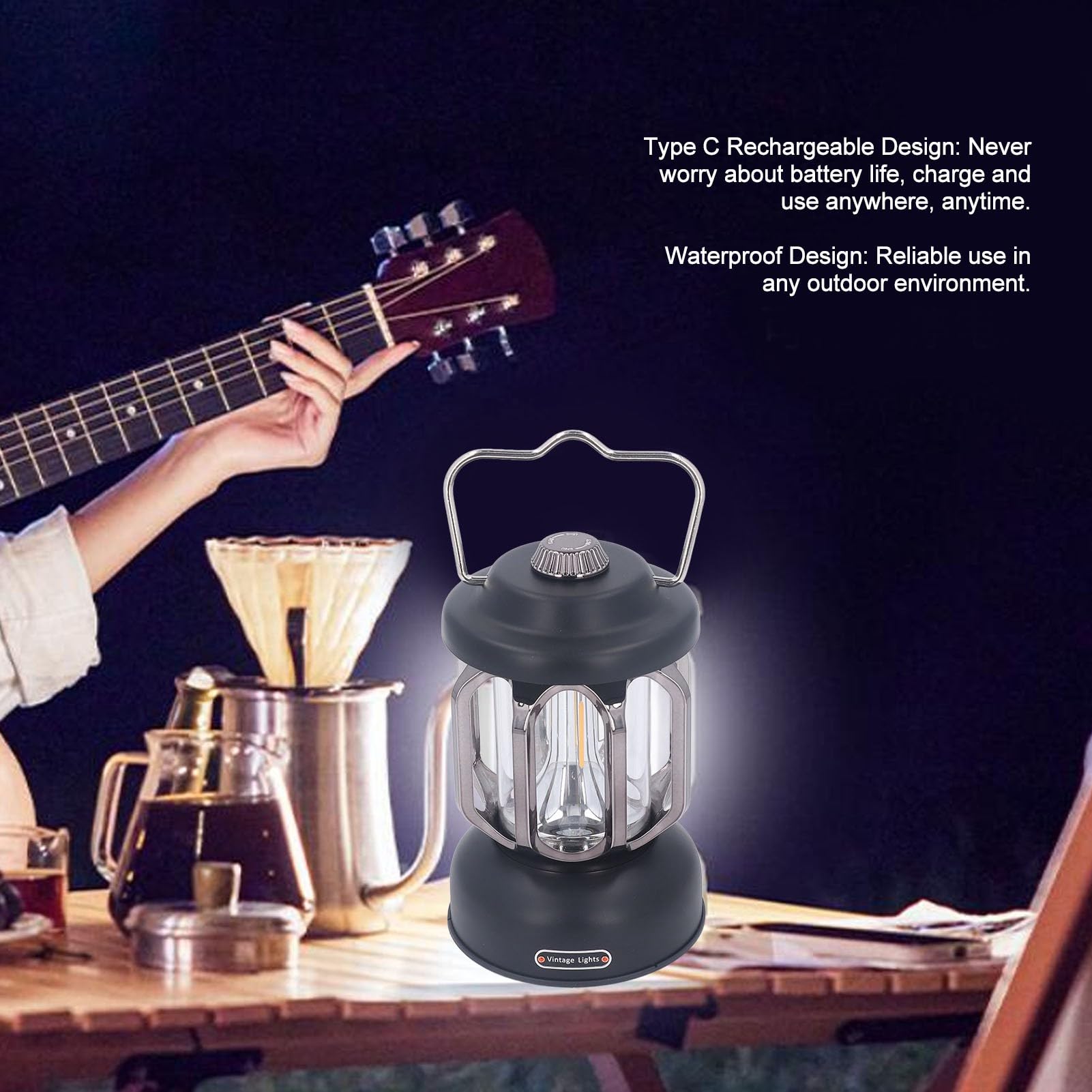 SIXRUN Retro-Campinglaterne, ABS-Vintage-Campinglampe mit Wiederaufladbarem Typ-C-Akku, 3 Lichtmodi, Dimmbares, Wasserdichtes Hakendesign für den Notfallgebrauch Im Zelt, Garten, Terrasse (BLACK)