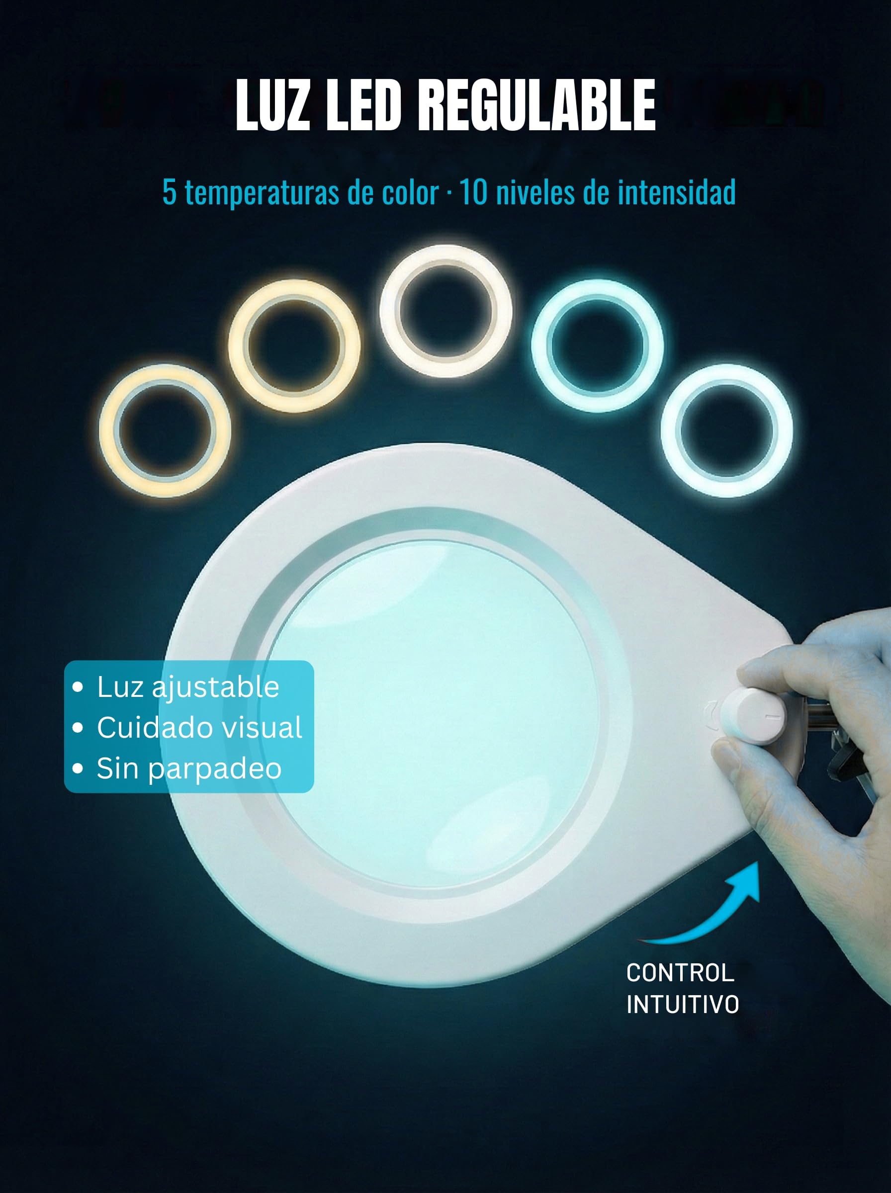 Lámpara de Aumento con Cristal de 5 dioptrías, Abrazadera de Acero de 6,4 cm, LED Regulables, Brazo Giratorio de 90 cm, diseño de Confort óptimo para esteticistas, Aficionados y Artesanos