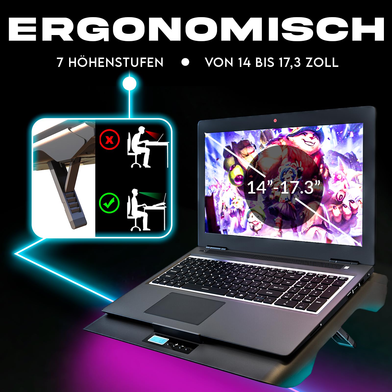KLIM Everest Plus Gaming Laptop Kühler - Cooling Pad 6300 RPM Turbo-Lüfter | Starker DC-Laptop-Kühler mit Turbo-Lüftern, RGB-Beleuchtung, Schaumstoff-Dichtung - kühlt schnell. Für Laptops 11-17,3 Zoll.